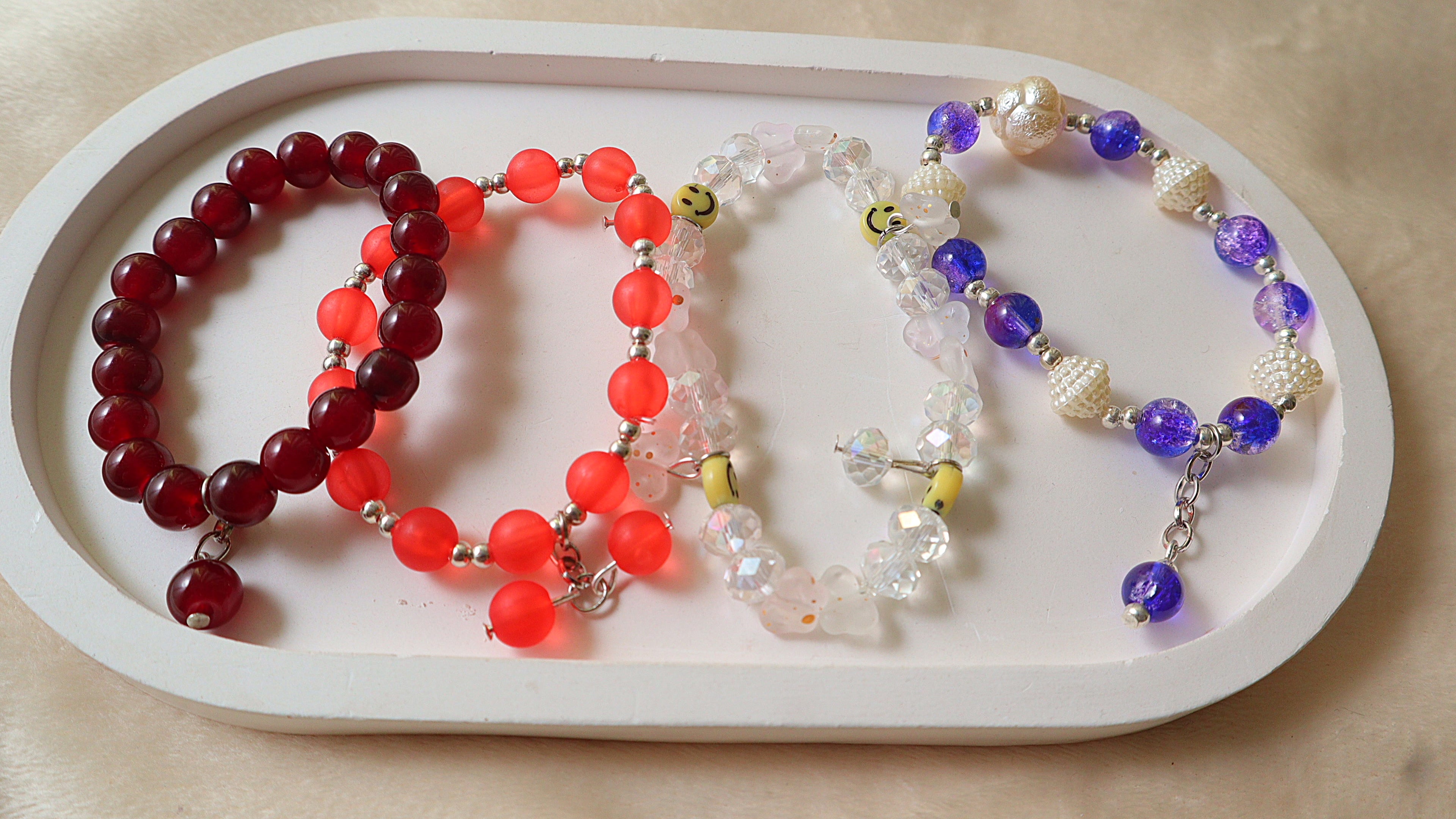 4-Pack Handmade Beaded Bracelet Set with Smiley Face Accents & Dangle Charms