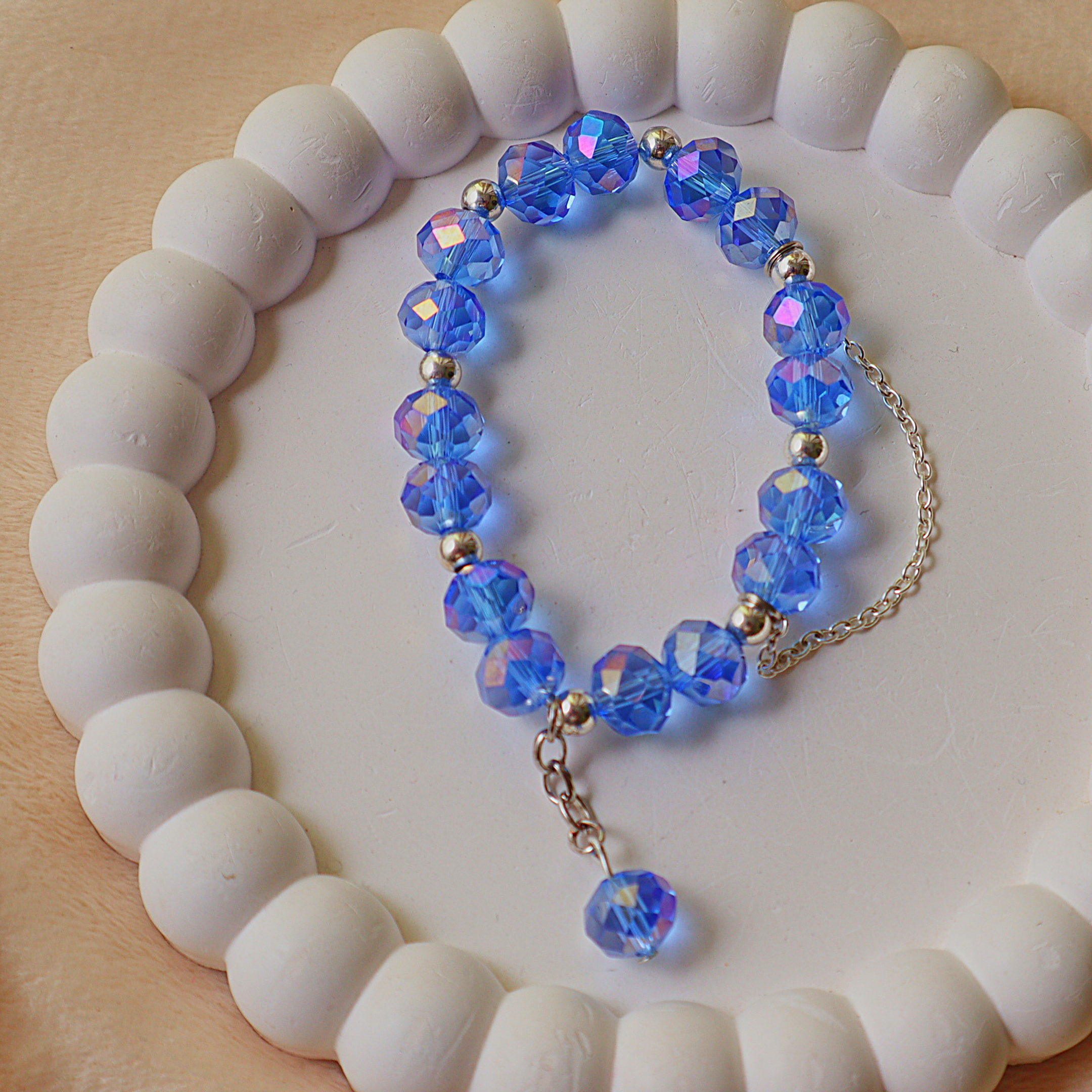 Handmade Sapphire Glow Crystal Beaded Bracelet | Blue Faceted Glass Bracelet | Elegant Adjustable Bracelet for Women