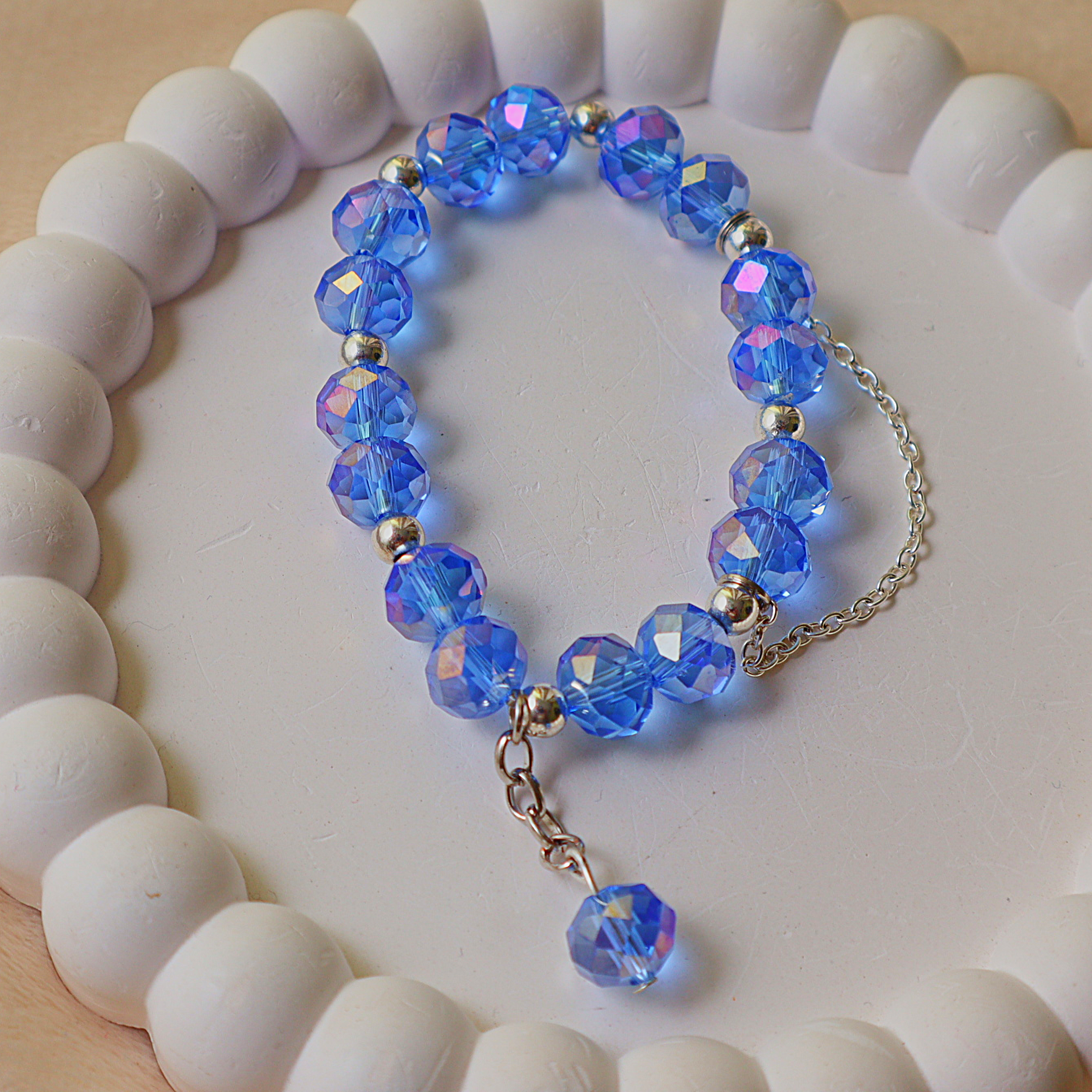 Handmade Sapphire Glow Crystal Beaded Bracelet | Blue Faceted Glass Bracelet | Elegant Adjustable Bracelet for Women
