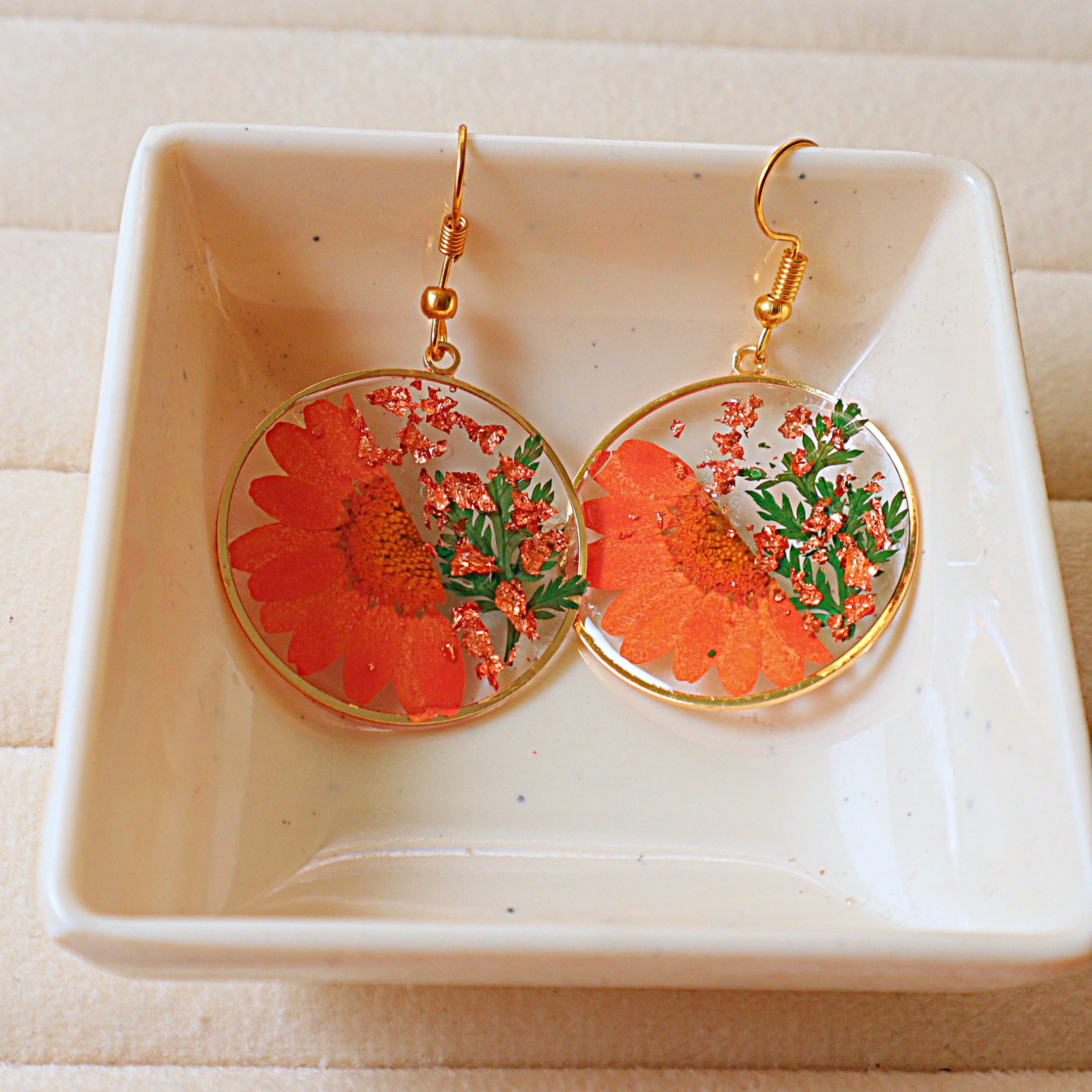 Pressed Red Sunflower Real Dried Flower Resin Dangle Earrings with Gold Foil Accents | Handcrafted Circular Drop Earrings