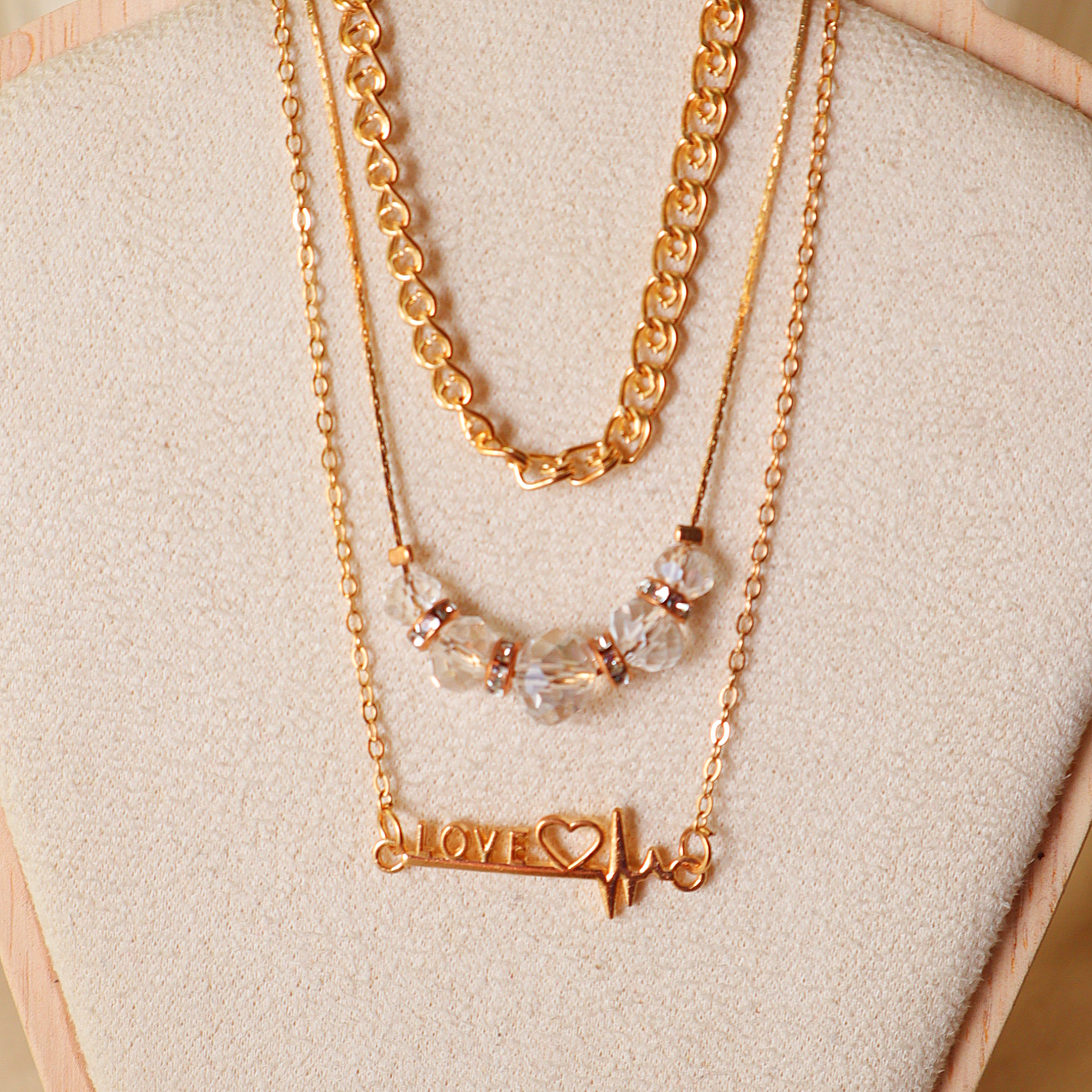 Gold Layered Necklace Set for Women – 3-Piece Love Heartbeat Charm & Crystal Bead Chain Combo