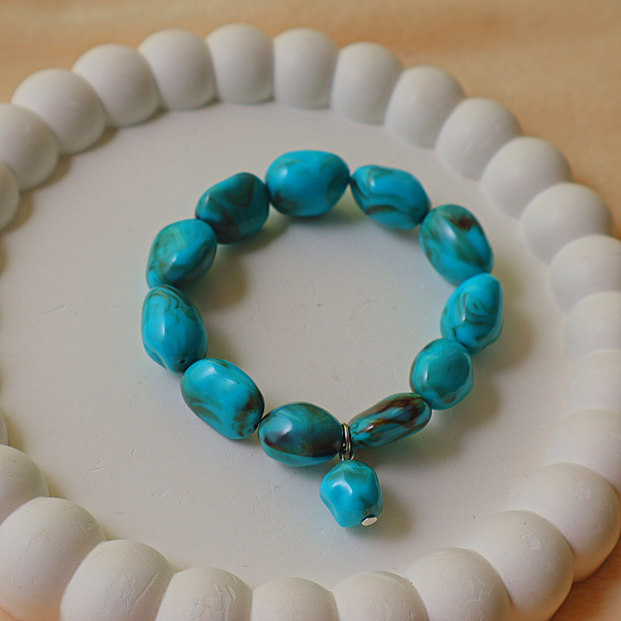 Handmade Turquoise Marble Beaded Bracelet | Aqua Blue Statement Stretch Bracelet