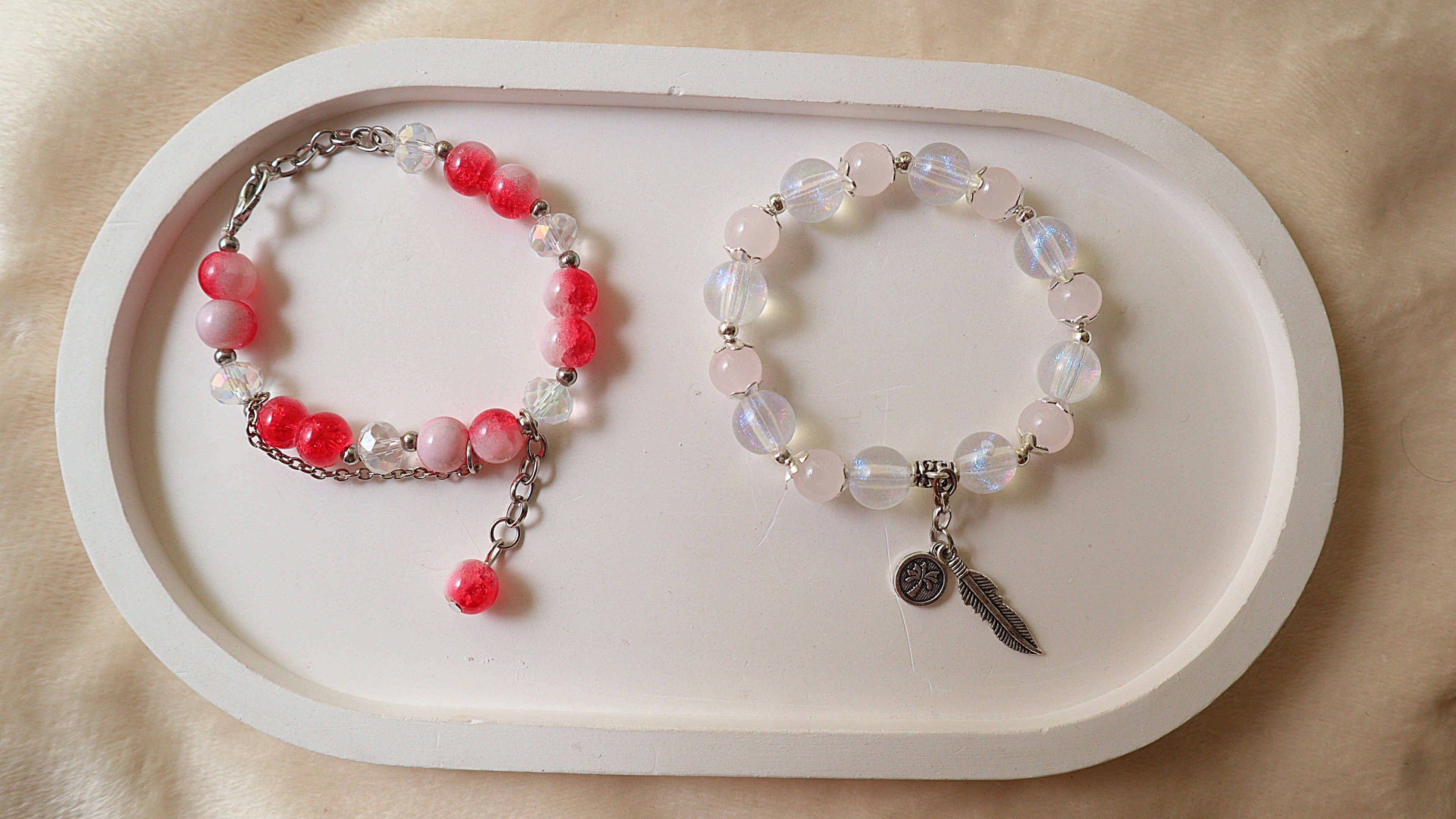 Red Crackle Glass & Iridescent Aura Pearl Stretch Bracelet Set with Silver Charms