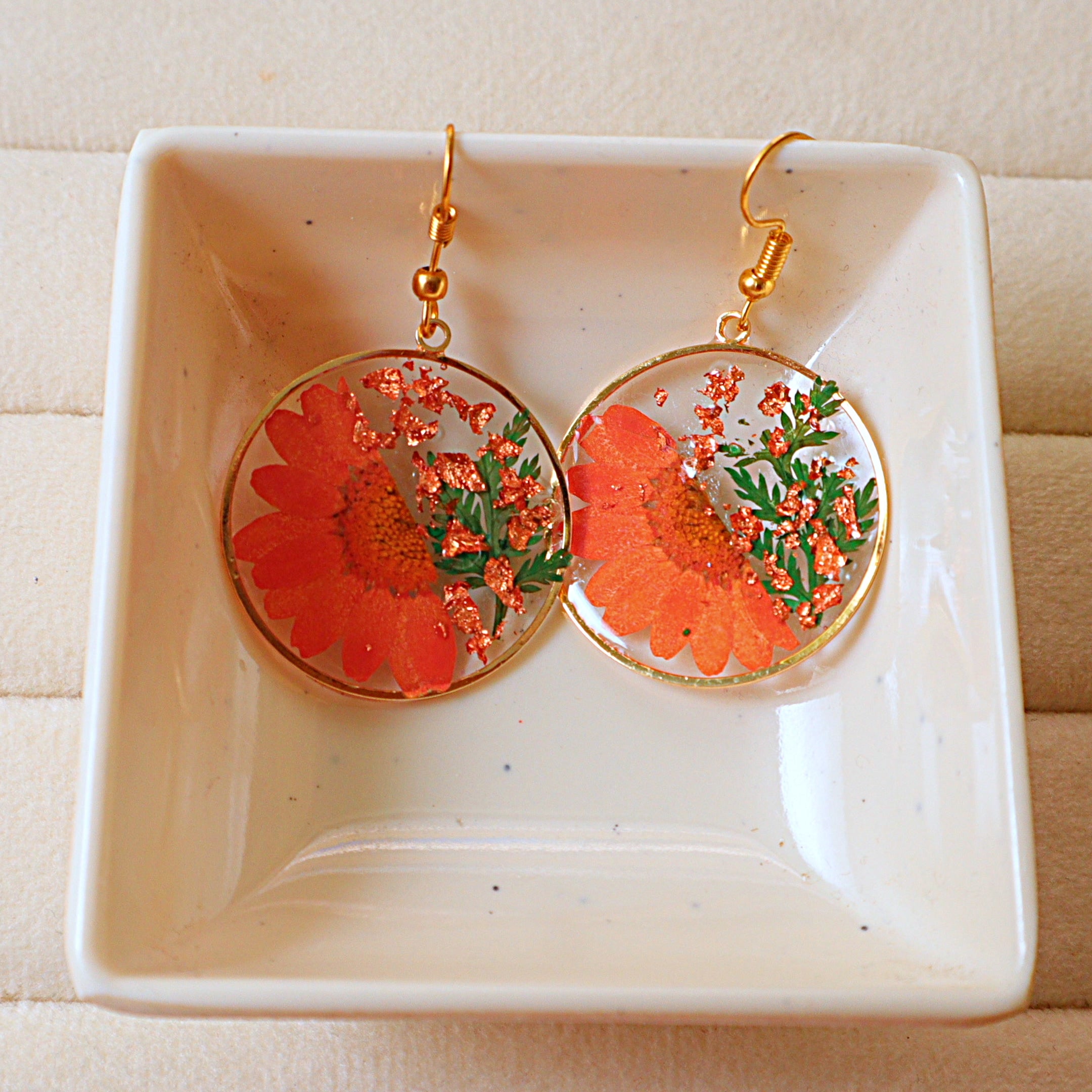 Pressed Red Sunflower Real Dried Flower Resin Dangle Earrings with Gold Foil Accents | Handcrafted Circular Drop Earrings