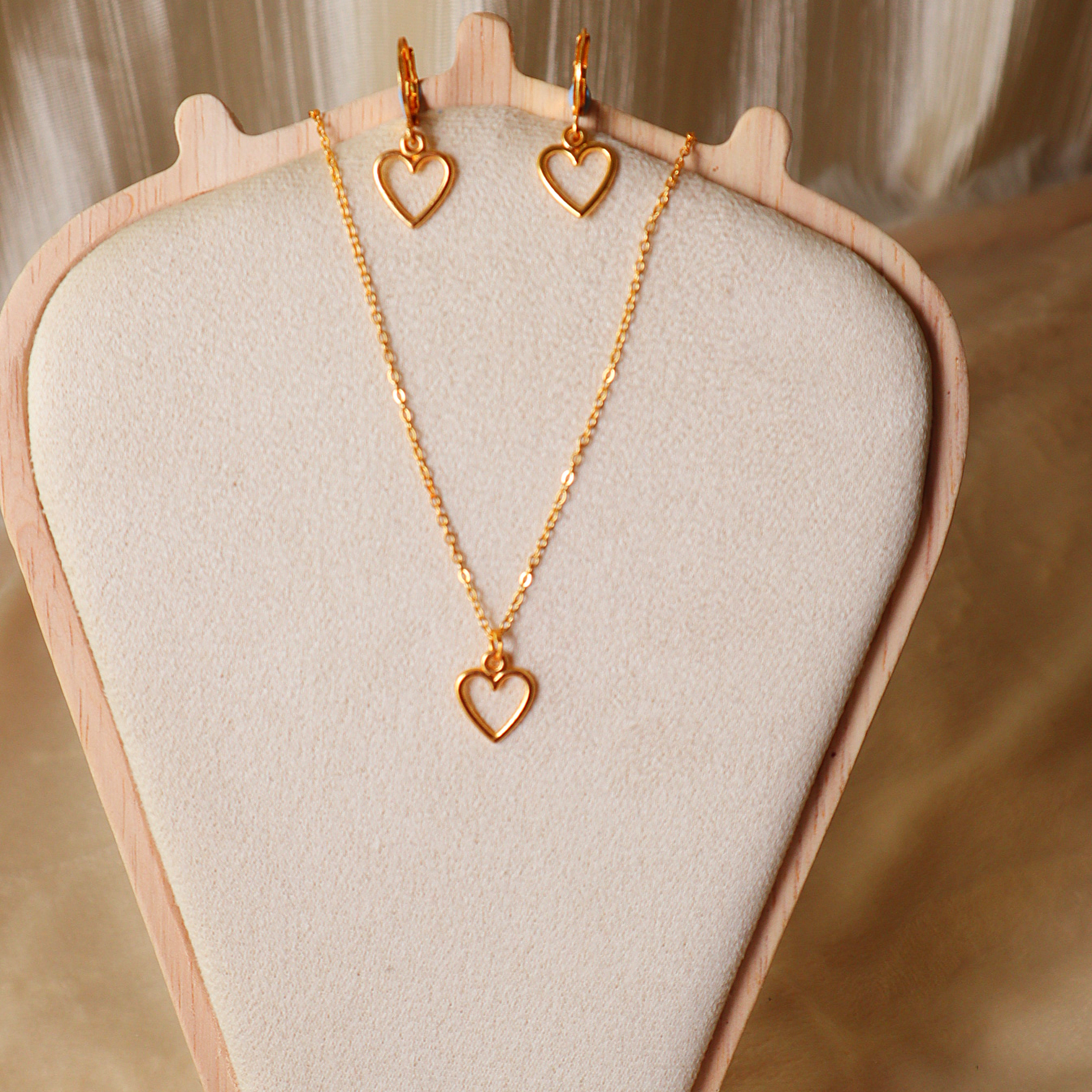 Gold Heart Necklace & Earrings Set – 2-Piece Matching Huggie Hoop Jewelry Combo