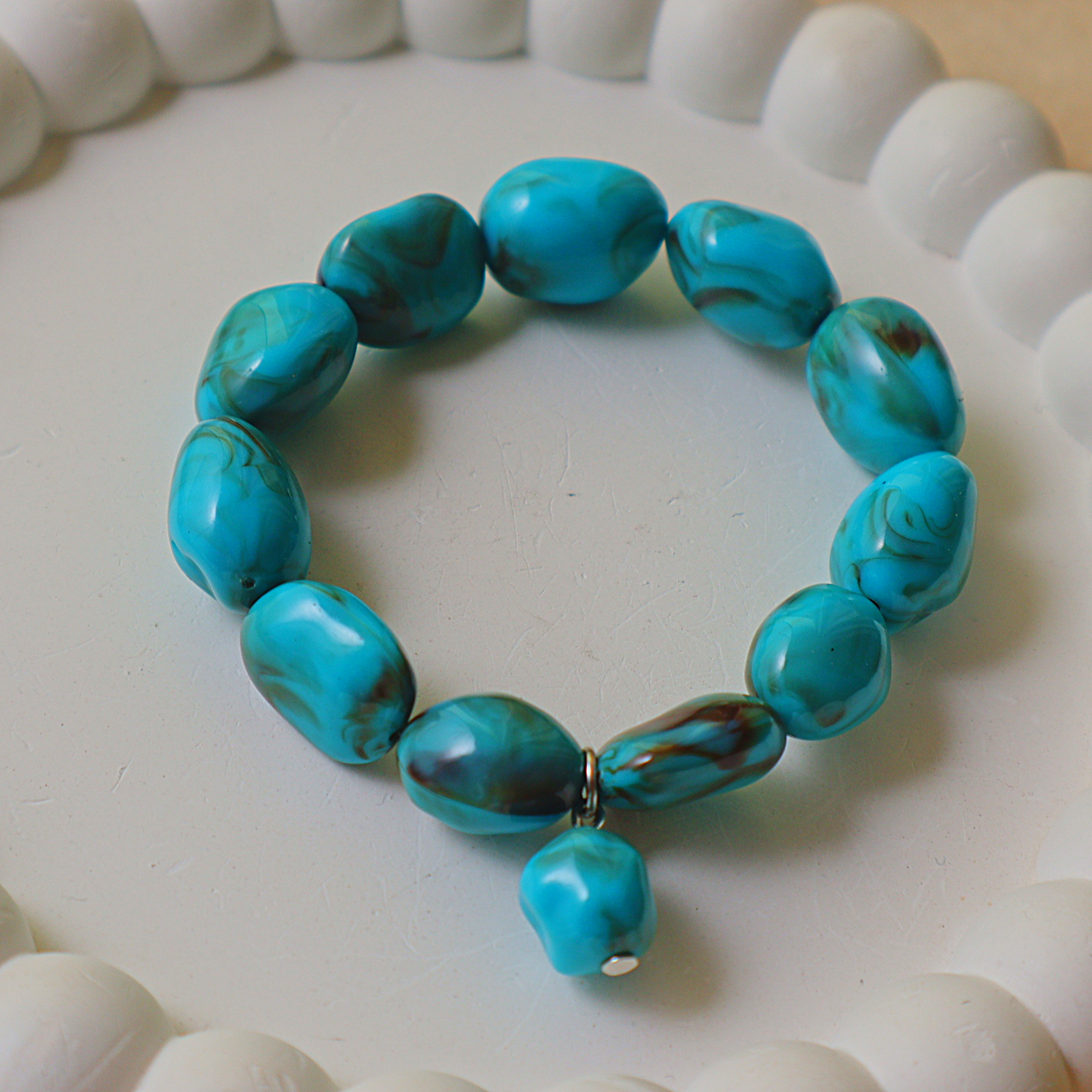 Handmade Turquoise Marble Beaded Bracelet | Aqua Blue Statement Stretch Bracelet