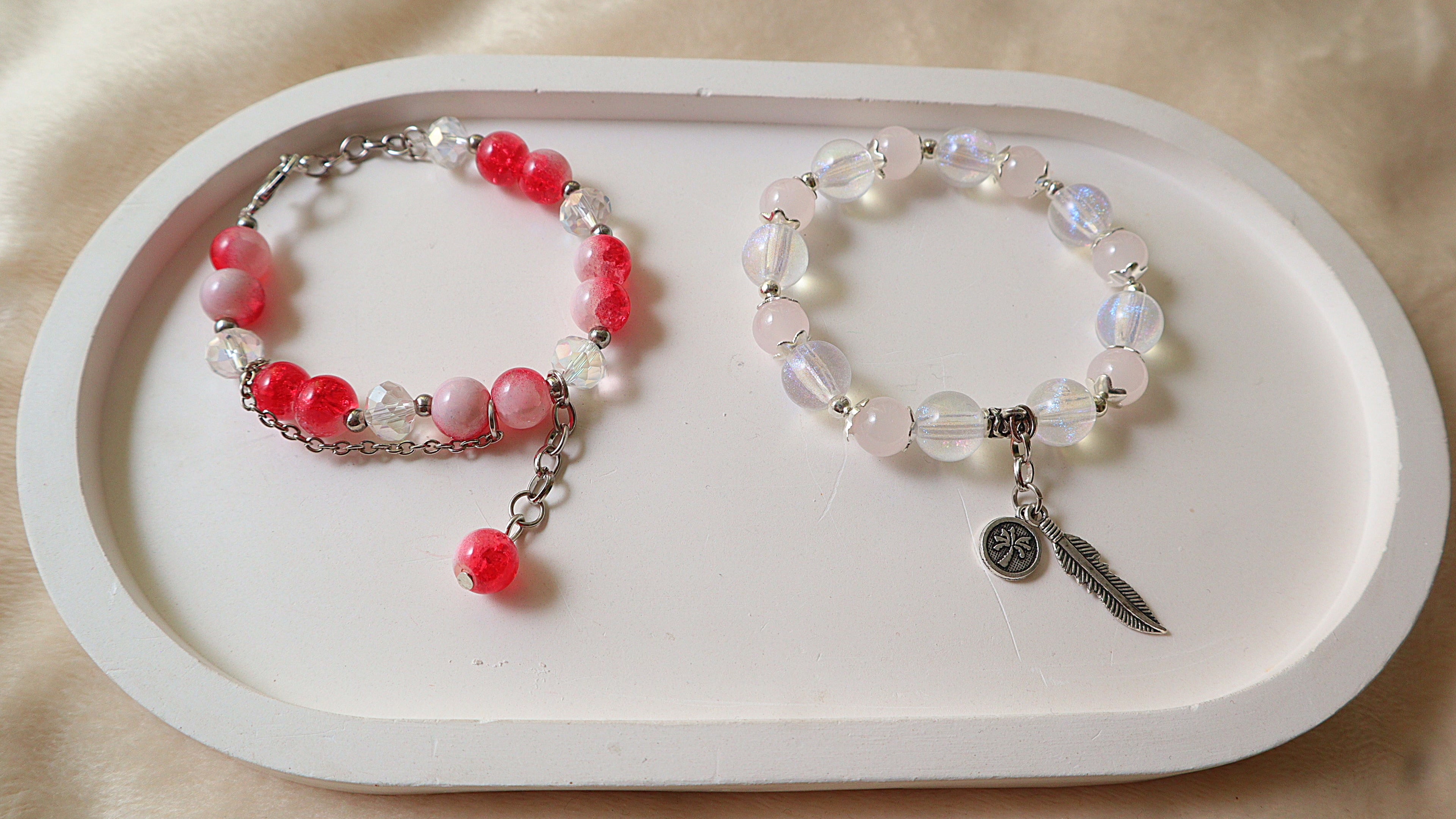 Red Crackle Glass & Iridescent Aura Pearl Stretch Bracelet Set with Silver Charms