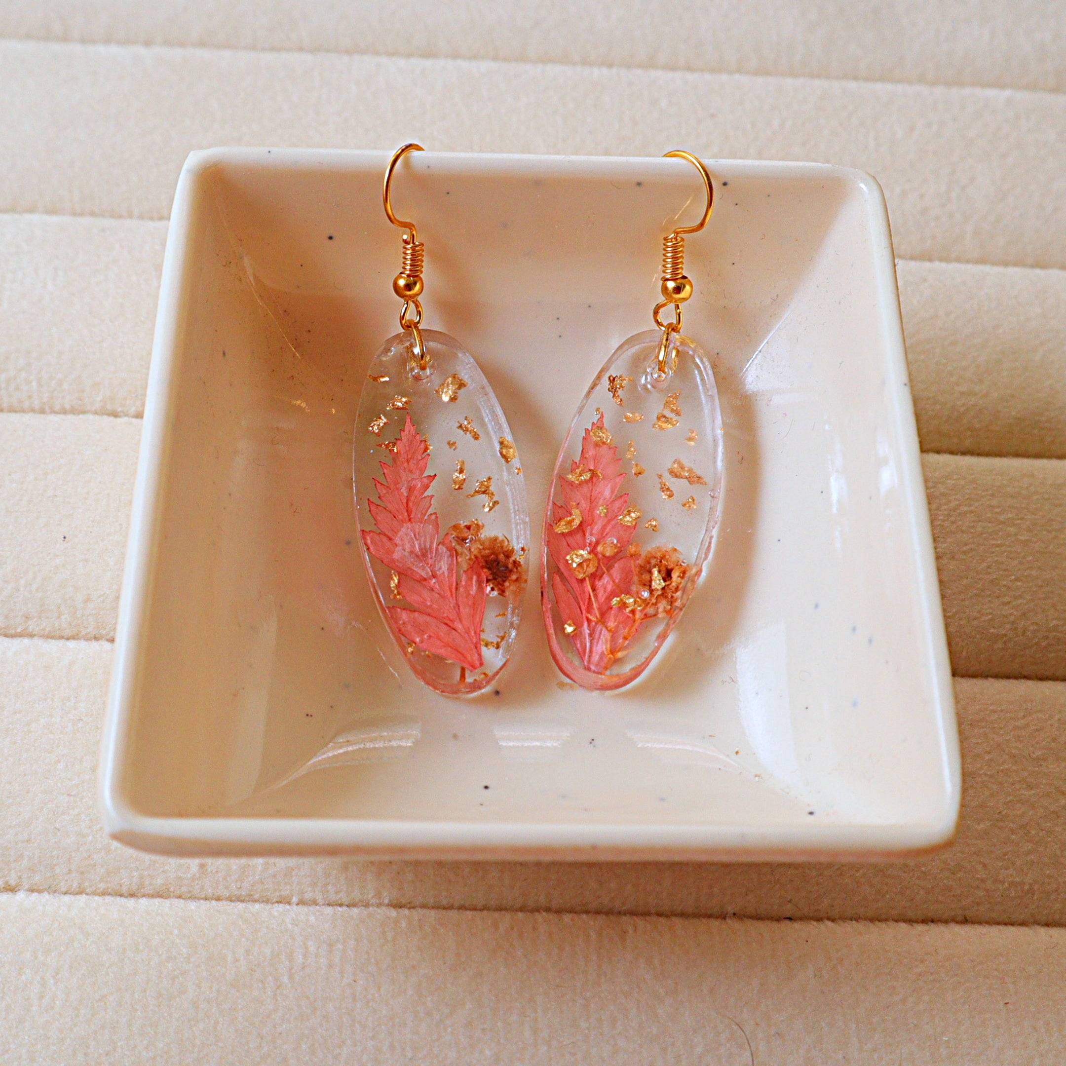 Pressed Pink Fern Oval Resin Dangle Earrings with Gold Leaf Accents | Handcrafted Botanical Drop Earrings