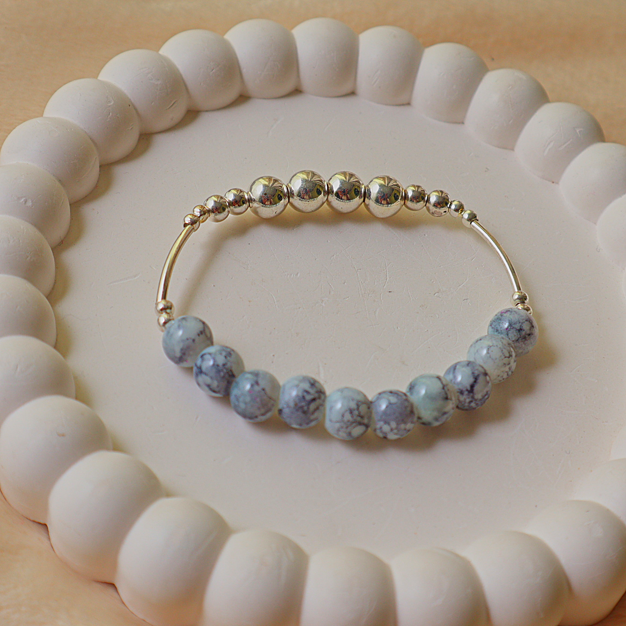 Handmade Silver & Grey Marble Beaded Bracelet | Minimalist Gemstone Style Bracelet