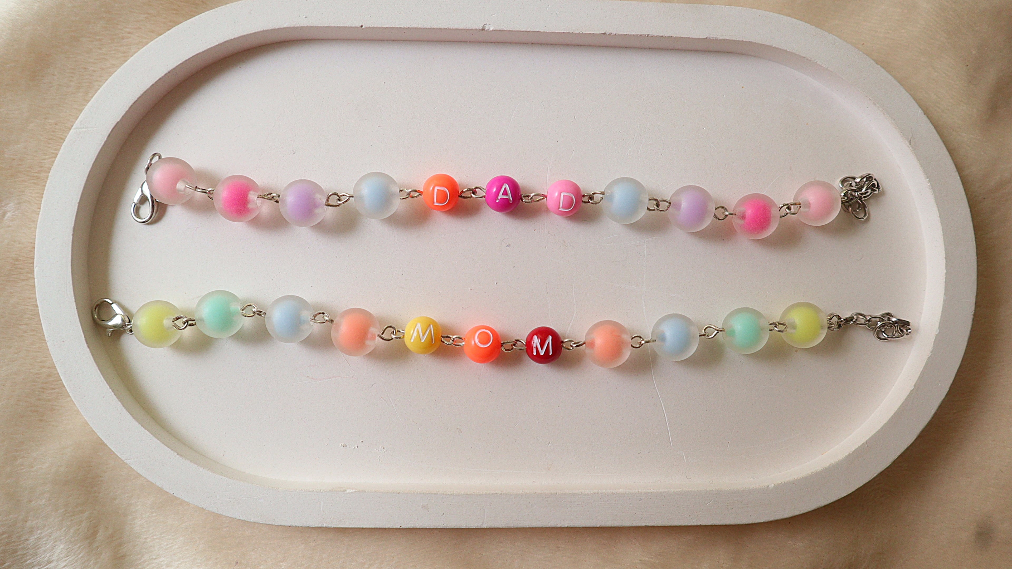 Handmade MOM & DAD Matching Bracelet Set | Frosted Pastel & Alphabet Bead Chain Jewelry