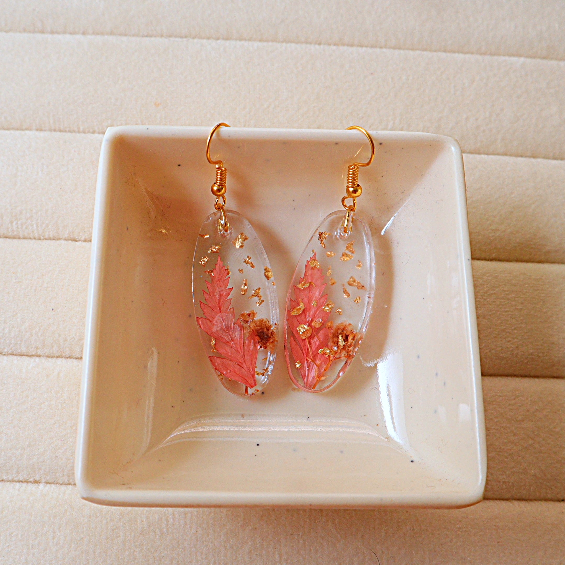 Pressed Pink Fern Oval Resin Dangle Earrings with Gold Leaf Accents | Handcrafted Botanical Drop Earrings