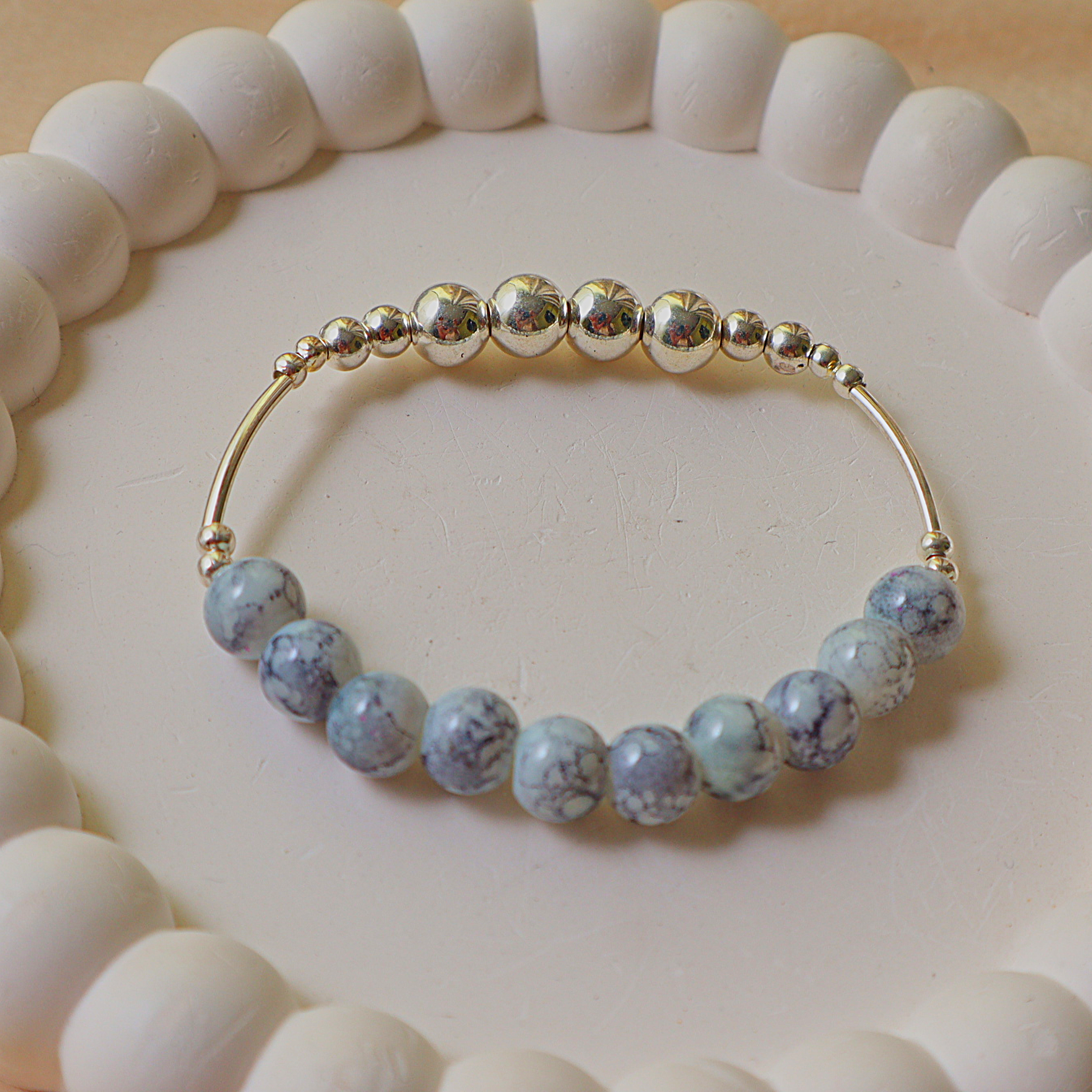 Handmade Silver & Grey Marble Beaded Bracelet | Minimalist Gemstone Style Bracelet