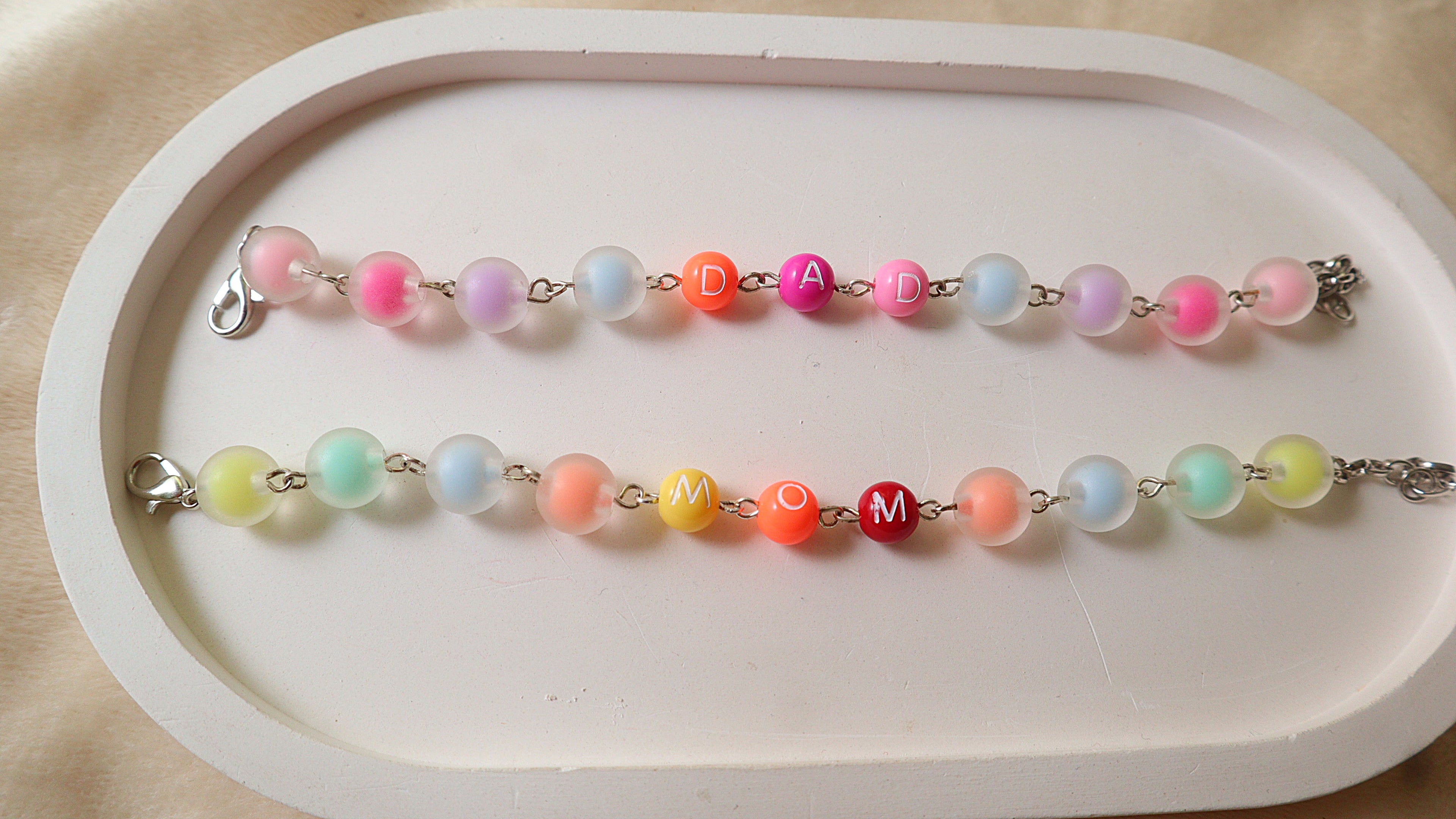 Handmade MOM & DAD Matching Bracelet Set | Frosted Pastel & Alphabet Bead Chain Jewelry
