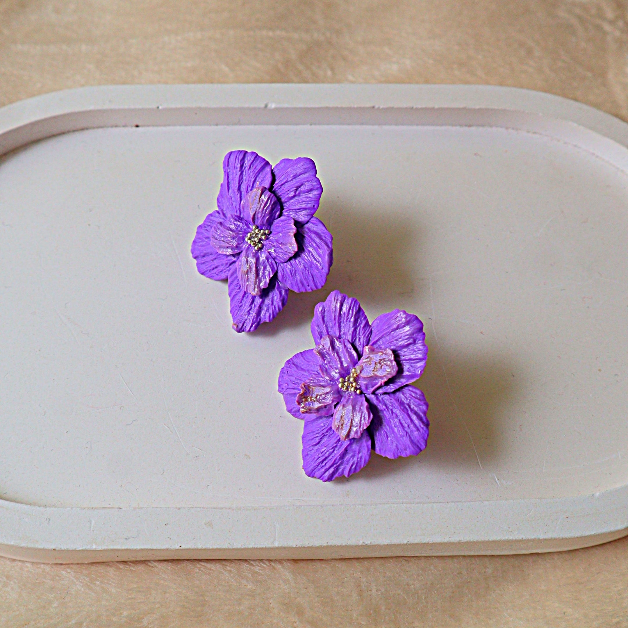 Handmade Purple Orchid Flower Stud Earrings | Layered Petal Floral Statement Studs