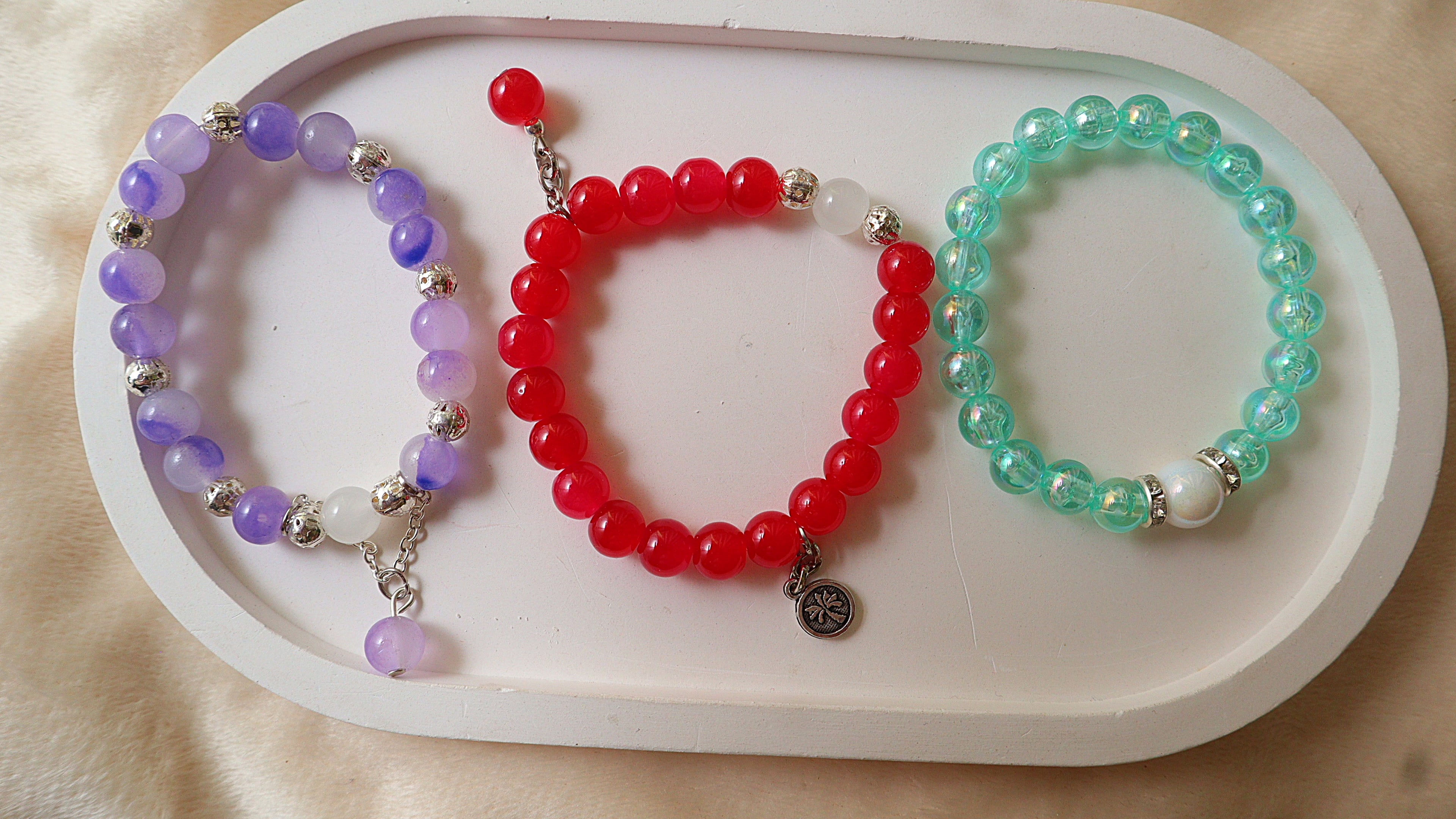 Handmade 3-Piece Glass & Crystal Bead Bracelet Set | Lavender Marbled, Cherry Red & Mint Aqua