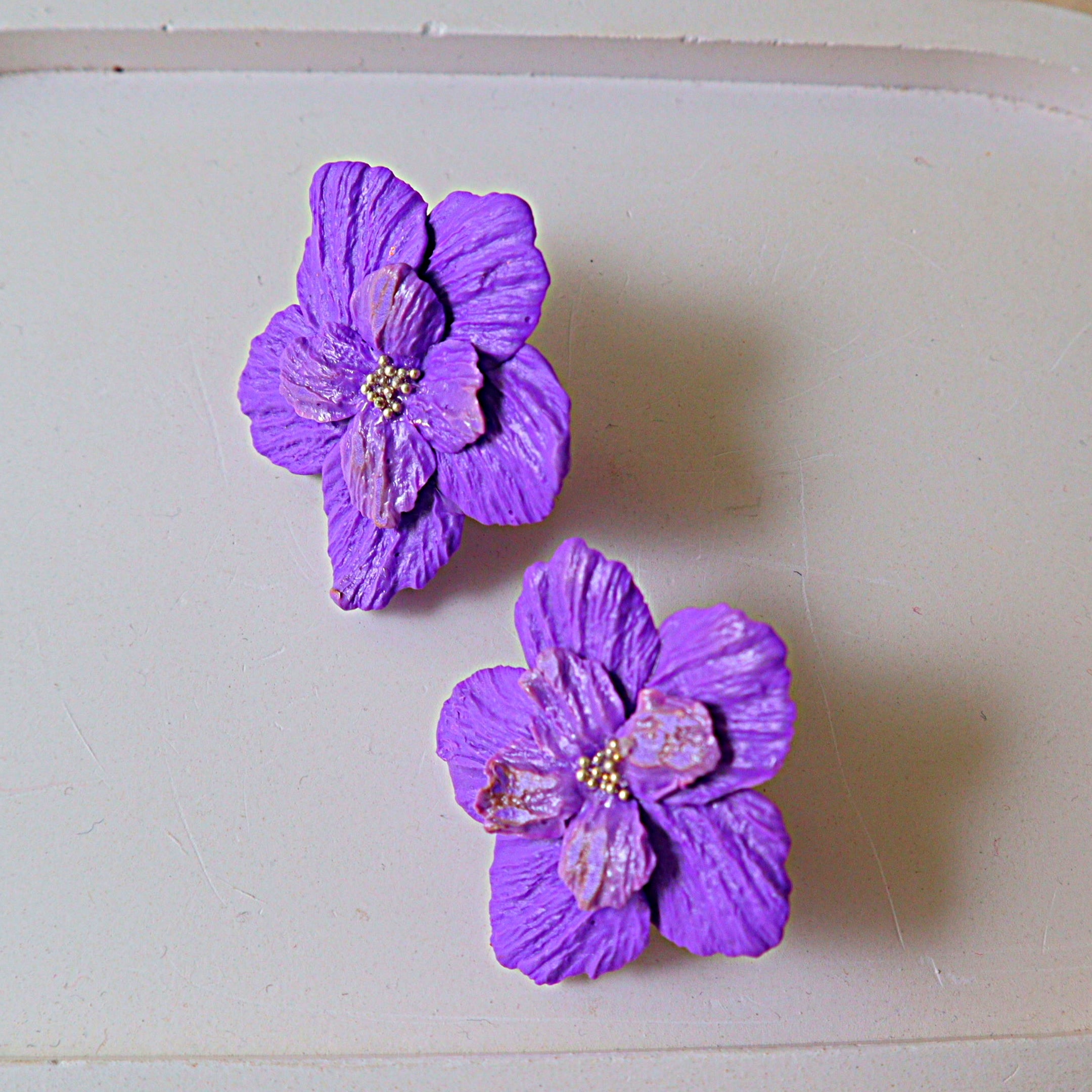 Handmade Purple Orchid Flower Stud Earrings | Layered Petal Floral Statement Studs