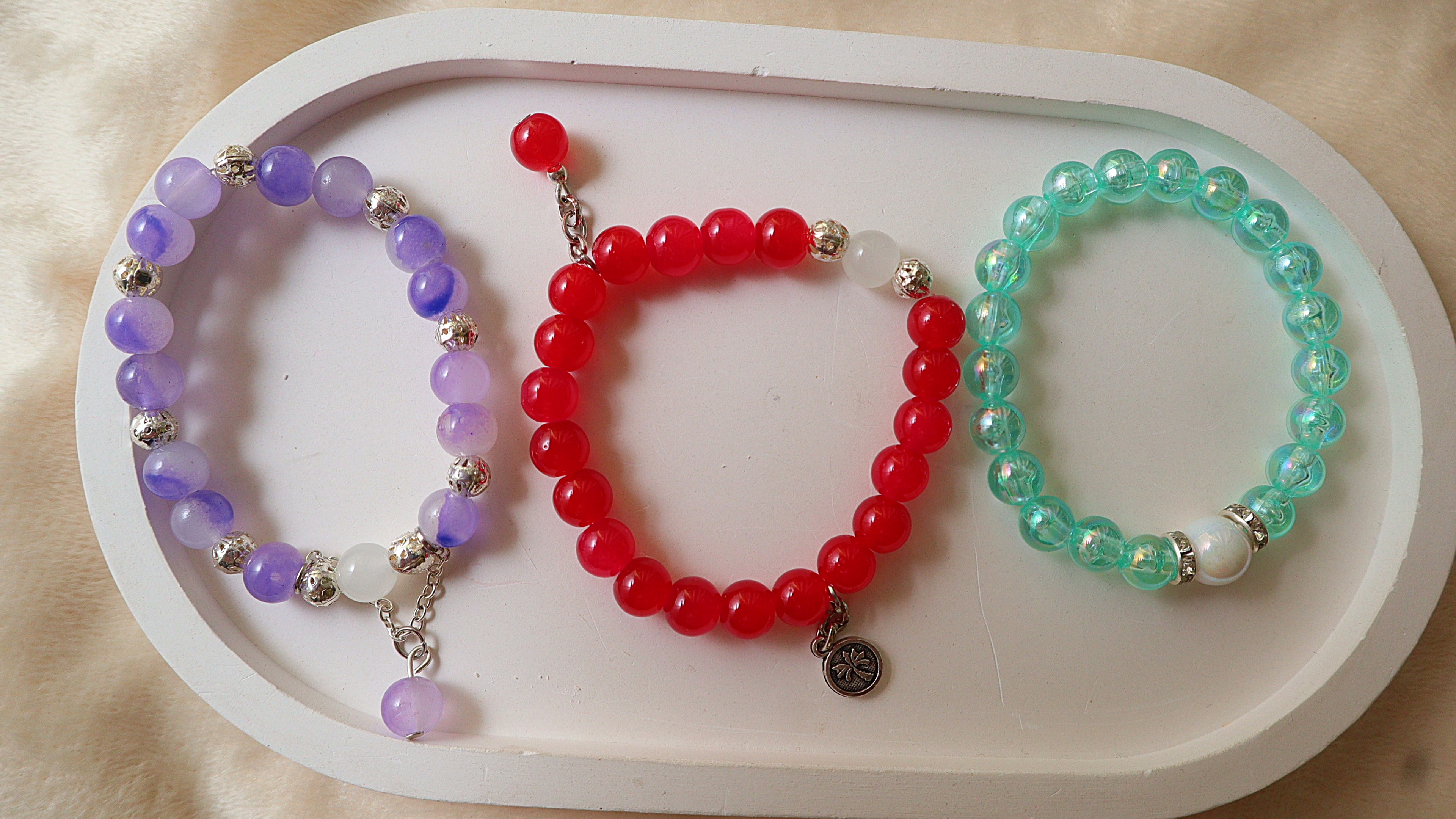 Handmade 3-Piece Glass & Crystal Bead Bracelet Set | Lavender Marbled, Cherry Red & Mint Aqua