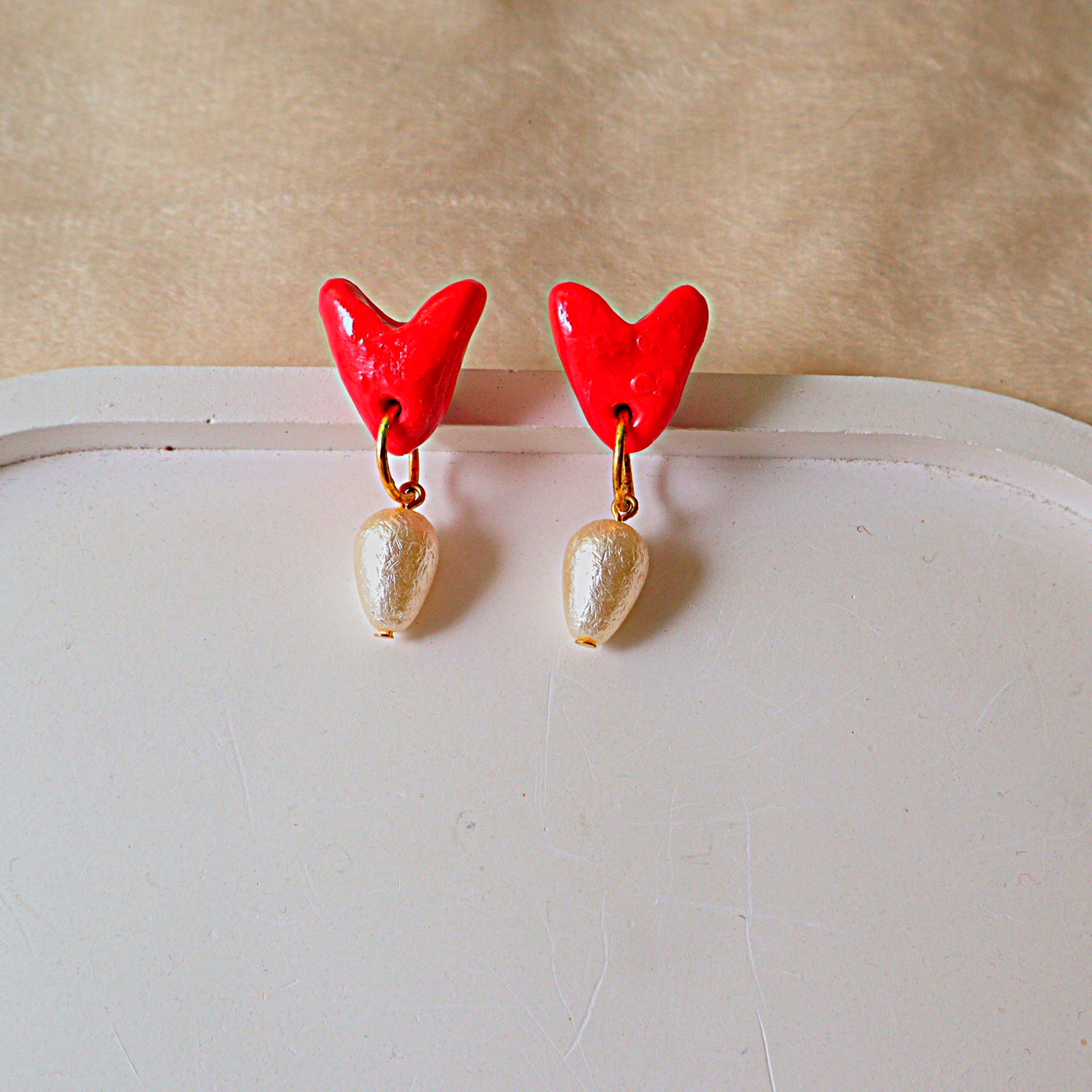 Handmade Glossy Red Heart Drop Earrings | Pearl Charm Clay Dangle Studs