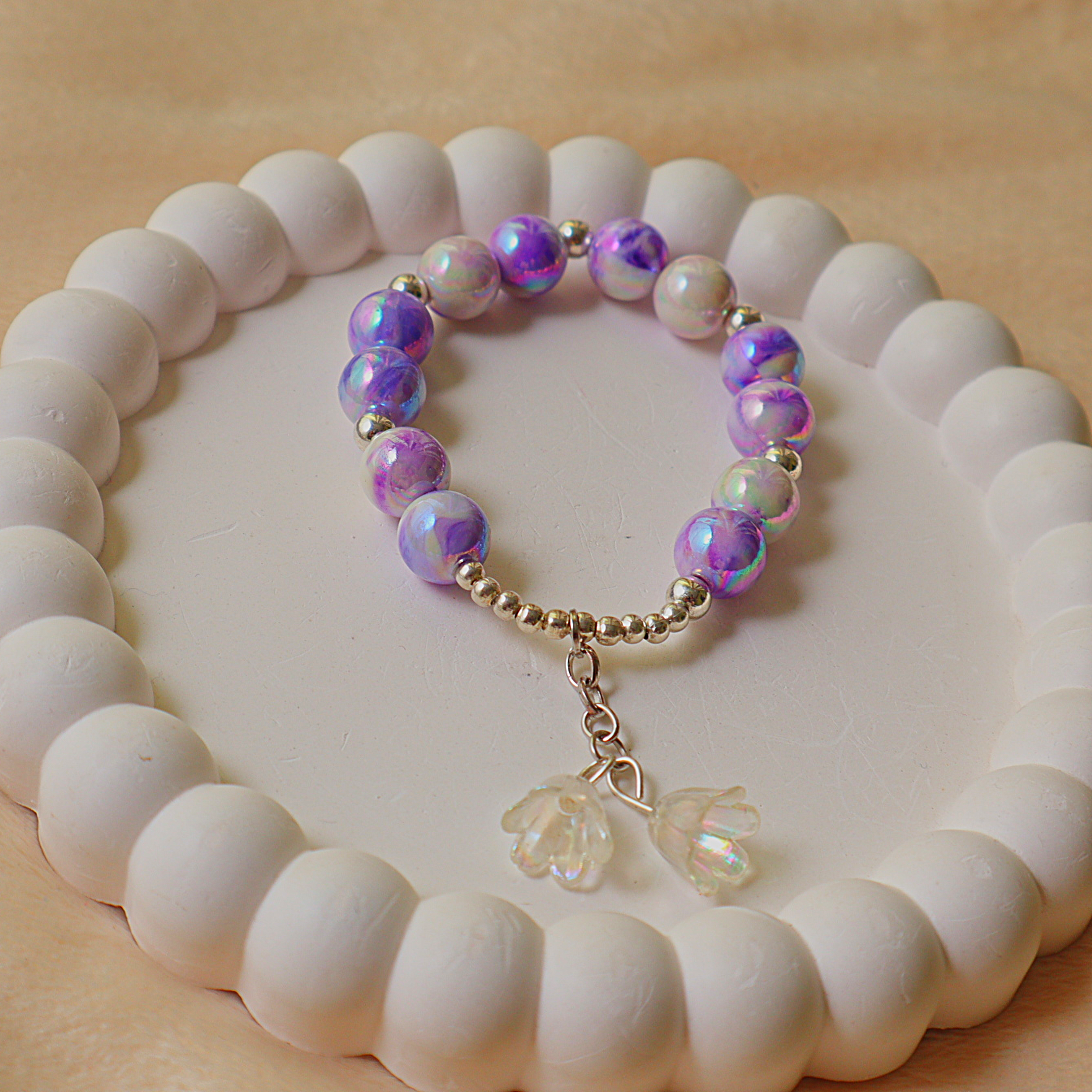 Handmade Lavender Dream Beaded Bracelet | Purple Marble Stretch Bracelet with Iridescent Flower Charms