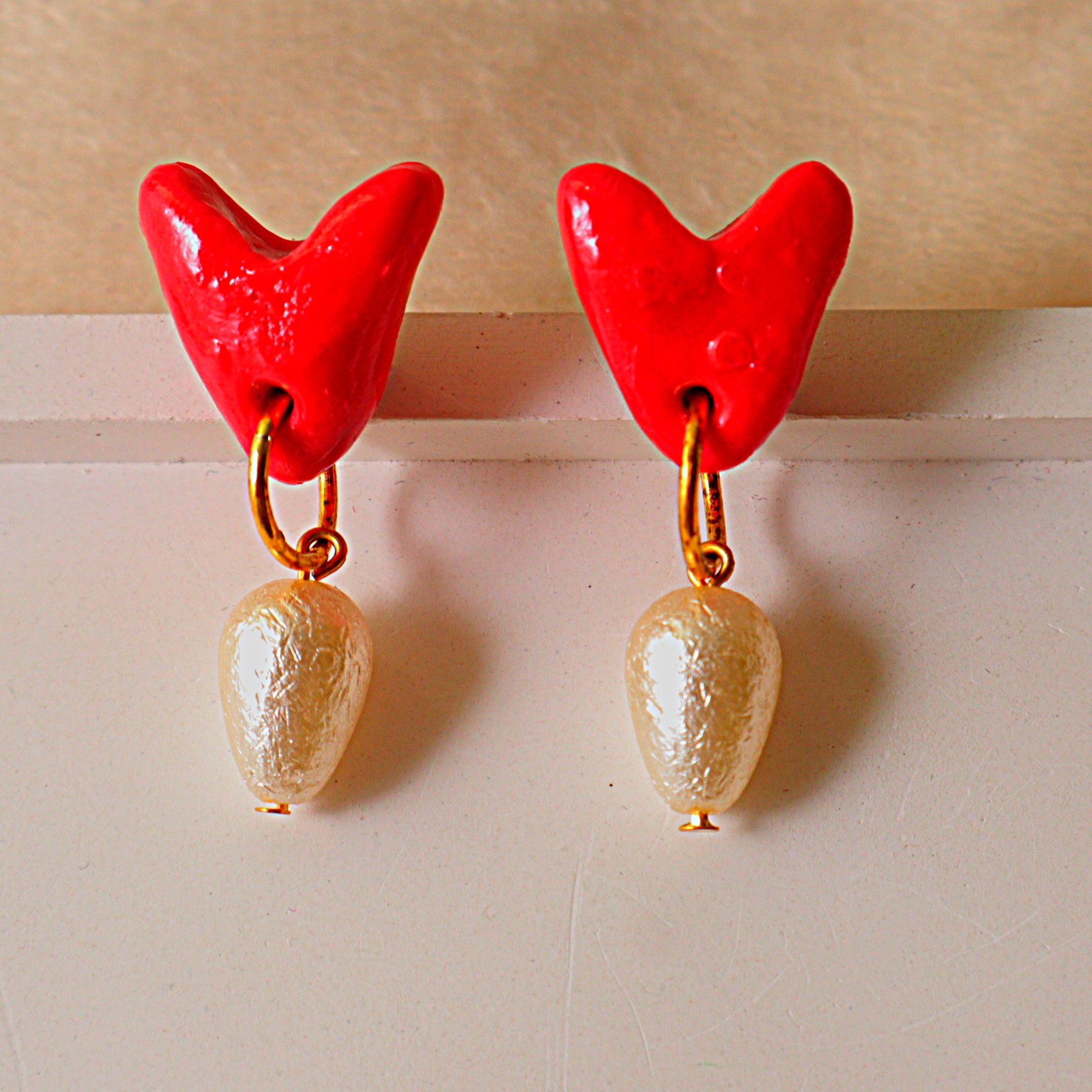 Handmade Glossy Red Heart Drop Earrings | Pearl Charm Clay Dangle Studs
