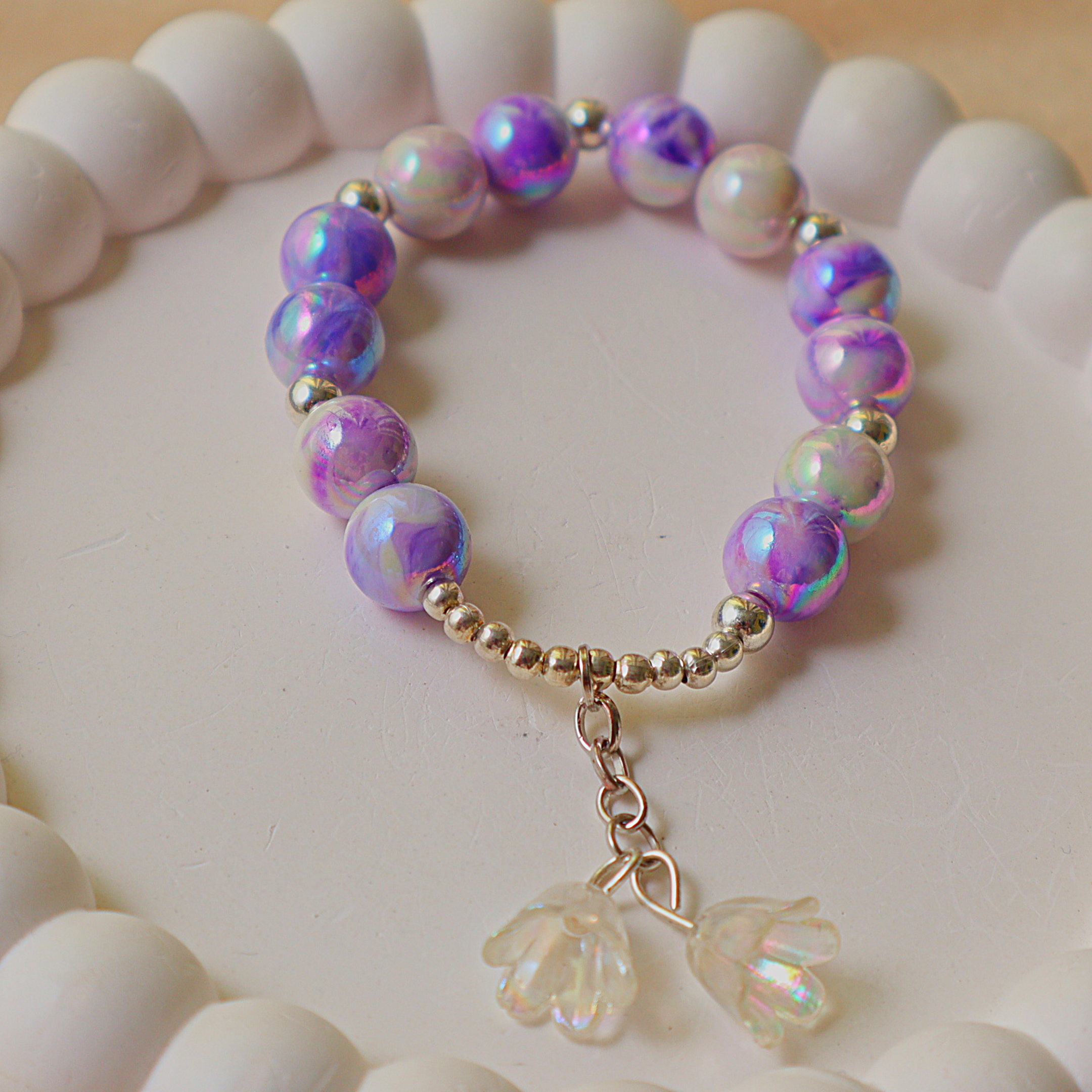 Handmade Lavender Dream Beaded Bracelet | Purple Marble Stretch Bracelet with Iridescent Flower Charms