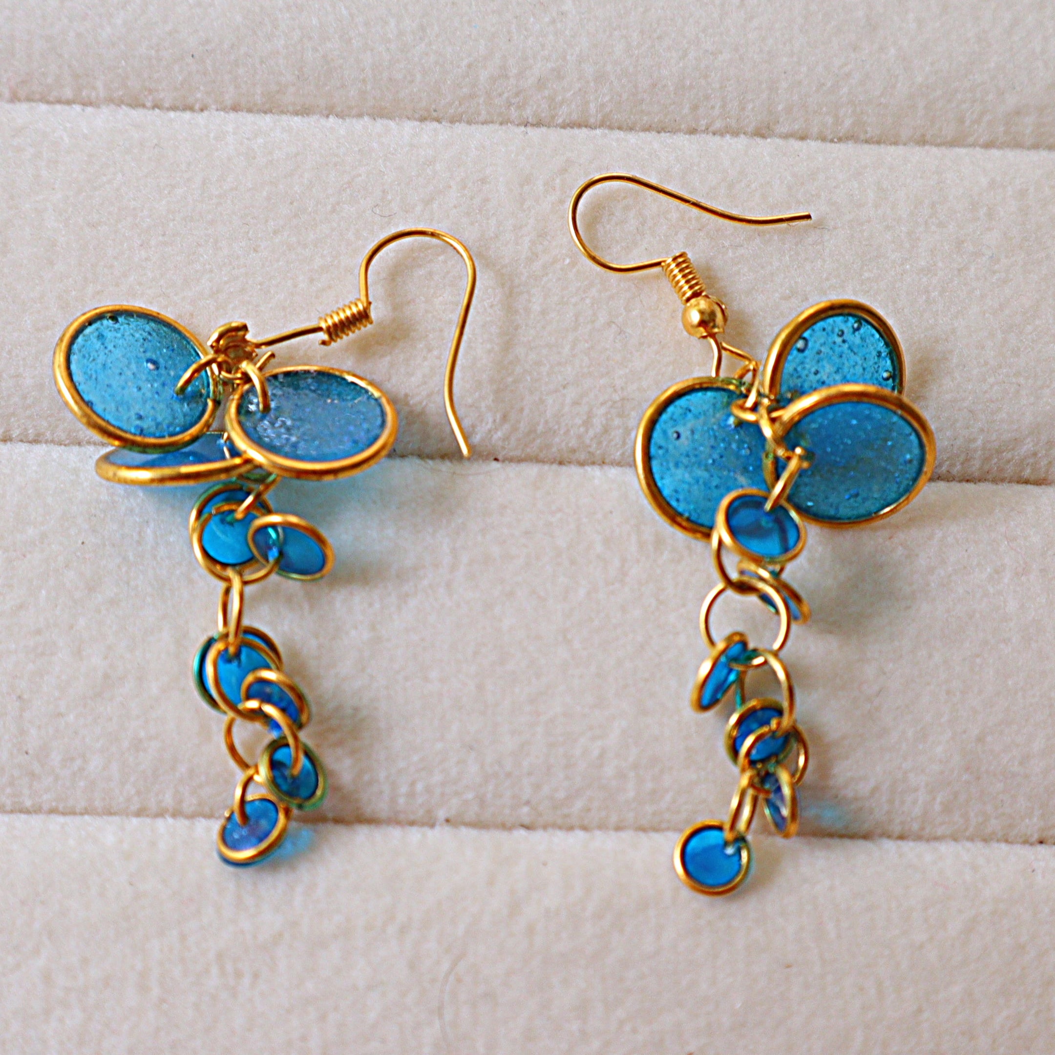 Cascading Sea Blue Resin Disc Charm Dangle Earrings | Handcrafted Gold Tiered Cluster Drop Earrings