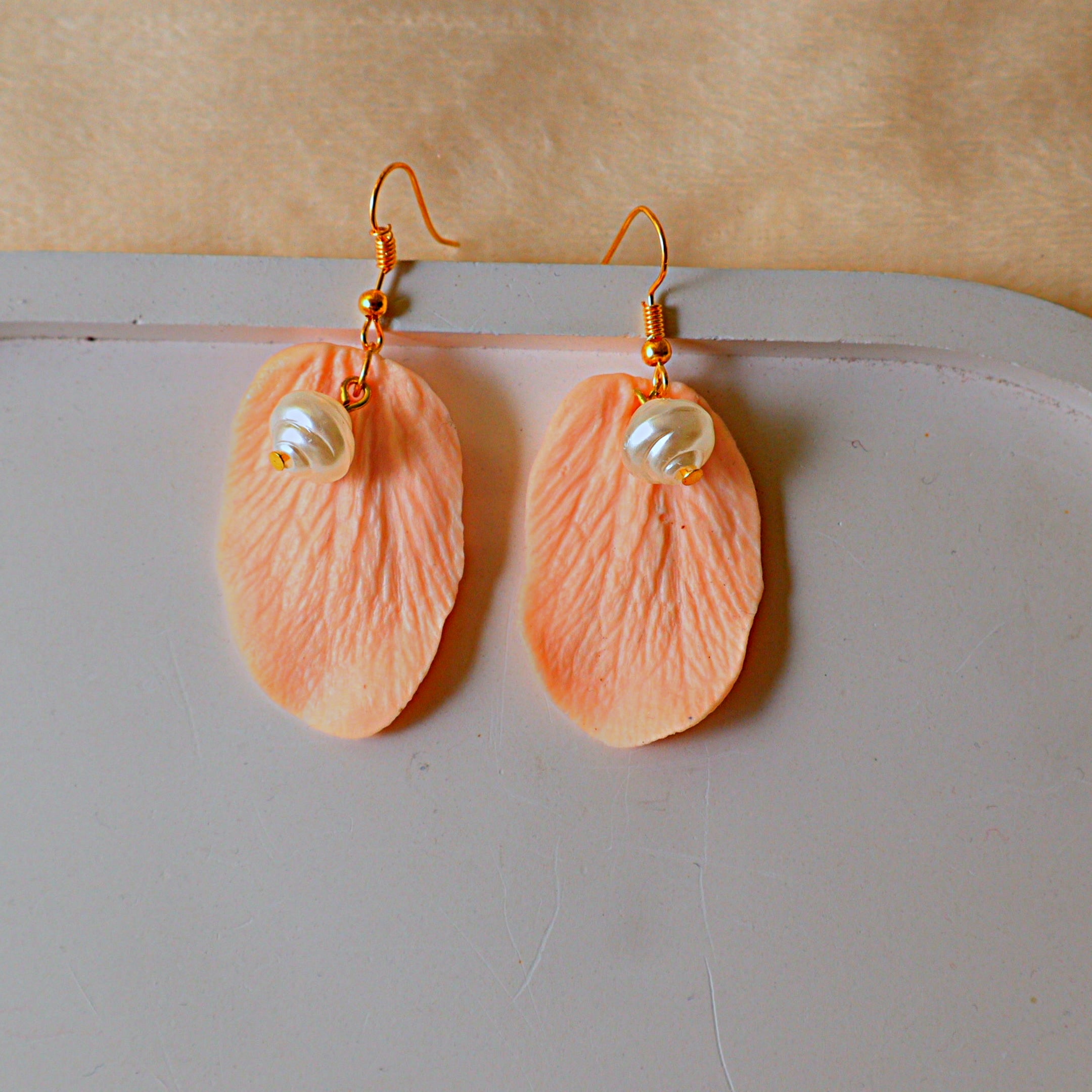 Handmade Peach Petal Dangle Earrings | Textured Floral Clay Drops with Pearl Accent
