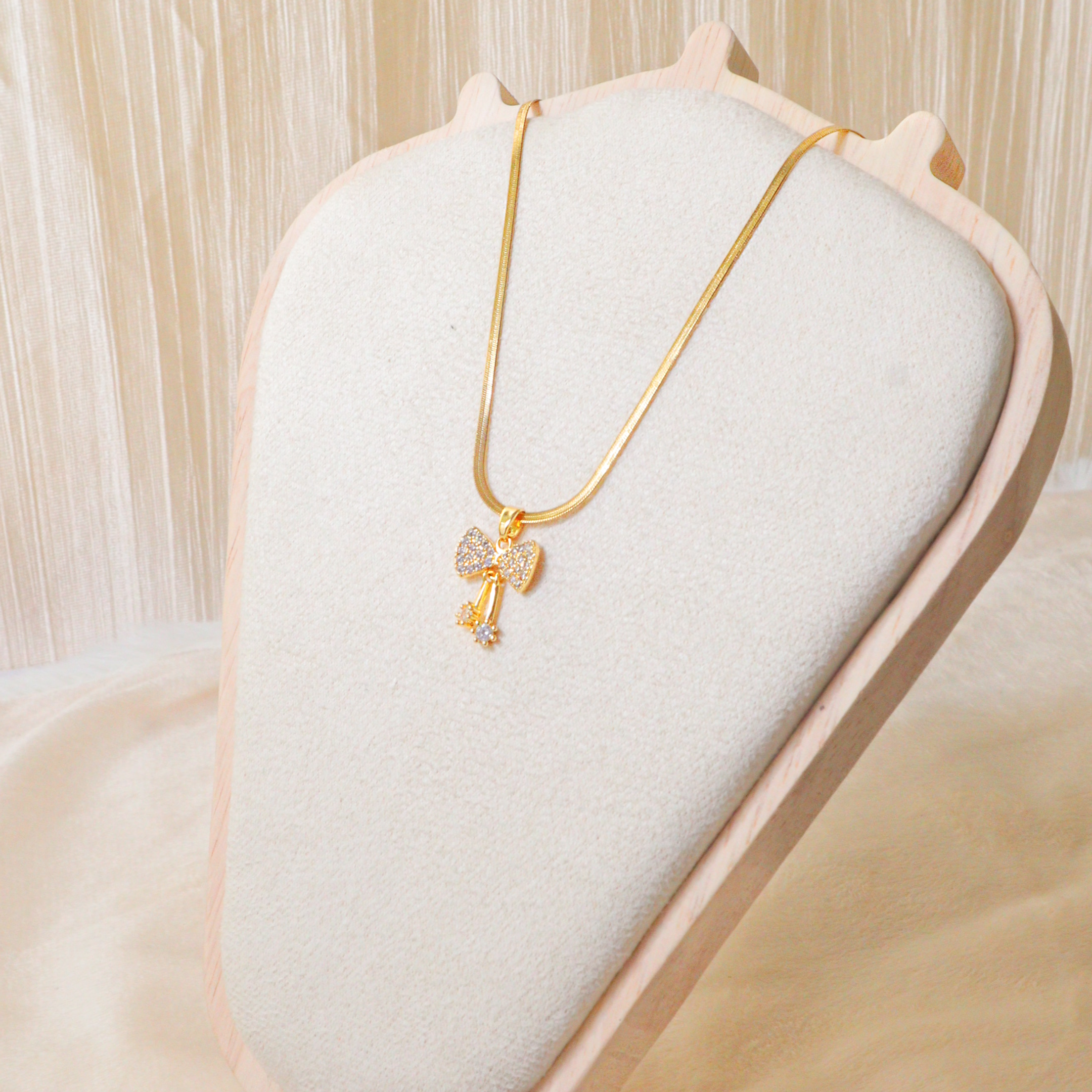 18K Gold Plated Crystal Bow Pendant Snake Chain Necklace – Anti-Tarnish Ribbon Bow Necklace