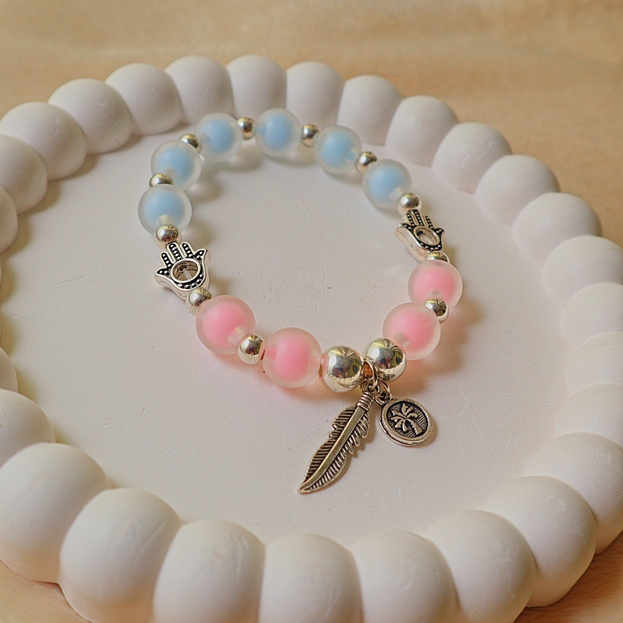 Handmade Pastel Harmony Hamsa Charm Bracelet | Frosted Pink & Blue Beaded Stretch Bracelet