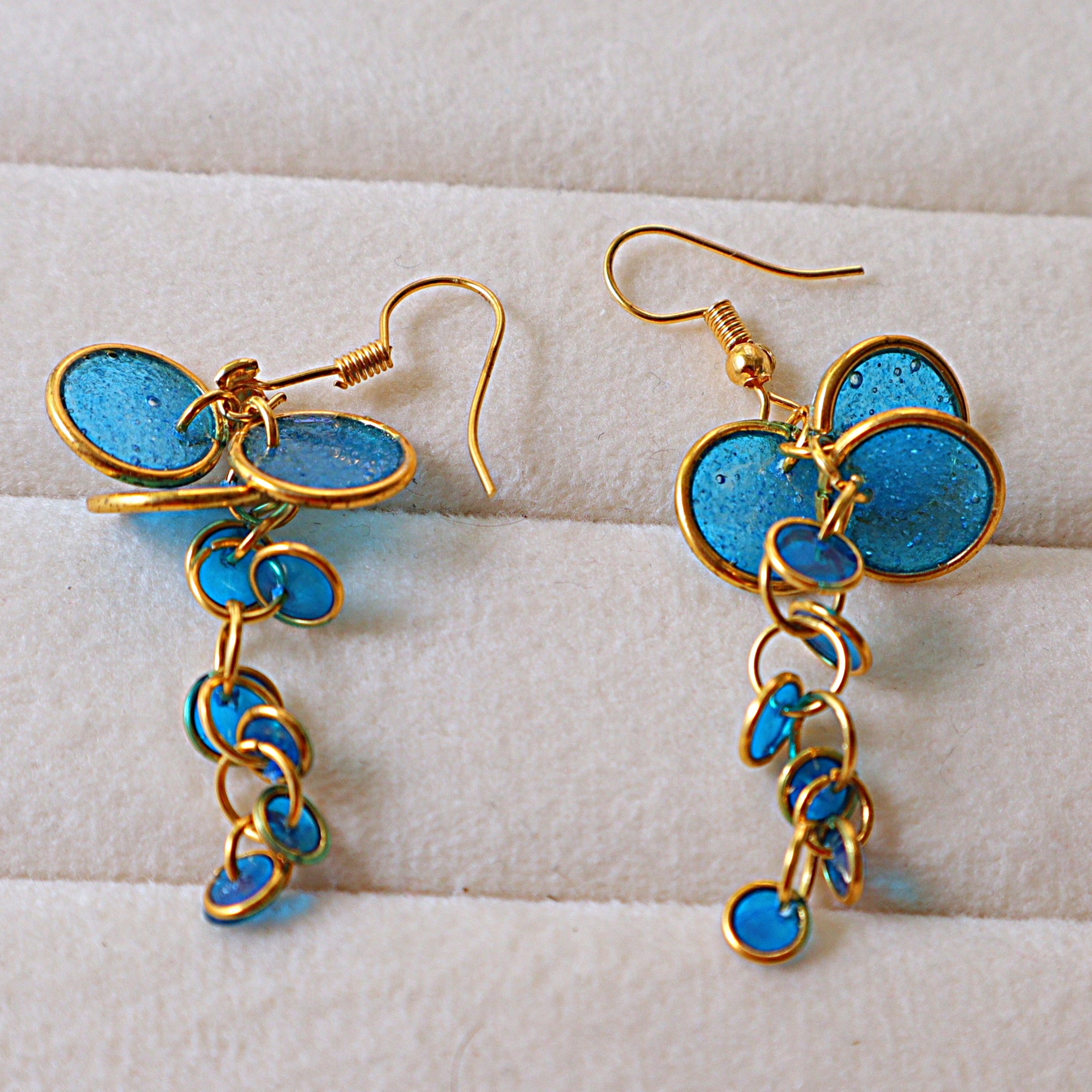 Cascading Sea Blue Resin Disc Charm Dangle Earrings | Handcrafted Gold Tiered Cluster Drop Earrings