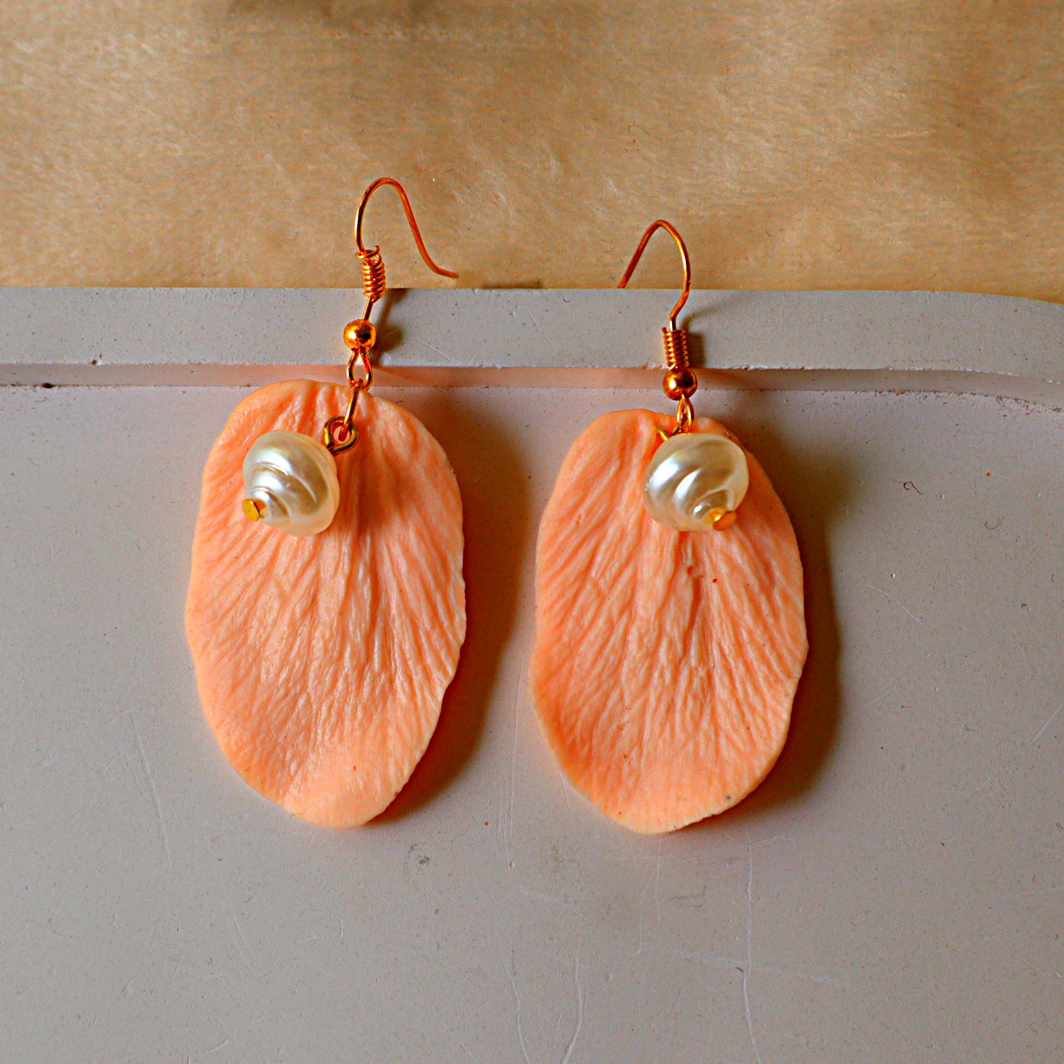 Handmade Peach Petal Dangle Earrings | Textured Floral Clay Drops with Pearl Accent