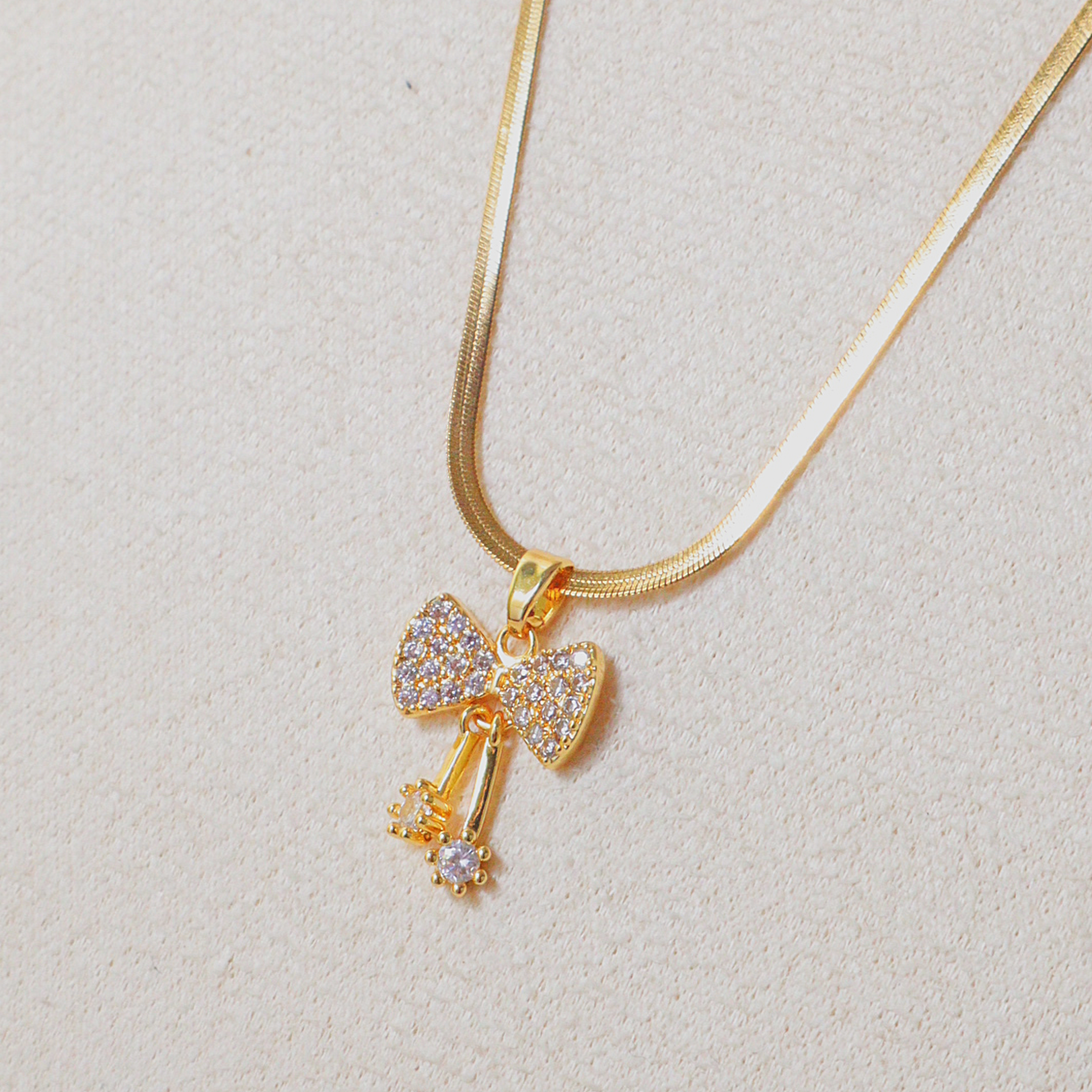 18K Gold Plated Crystal Bow Pendant Snake Chain Necklace – Anti-Tarnish Ribbon Bow Necklace