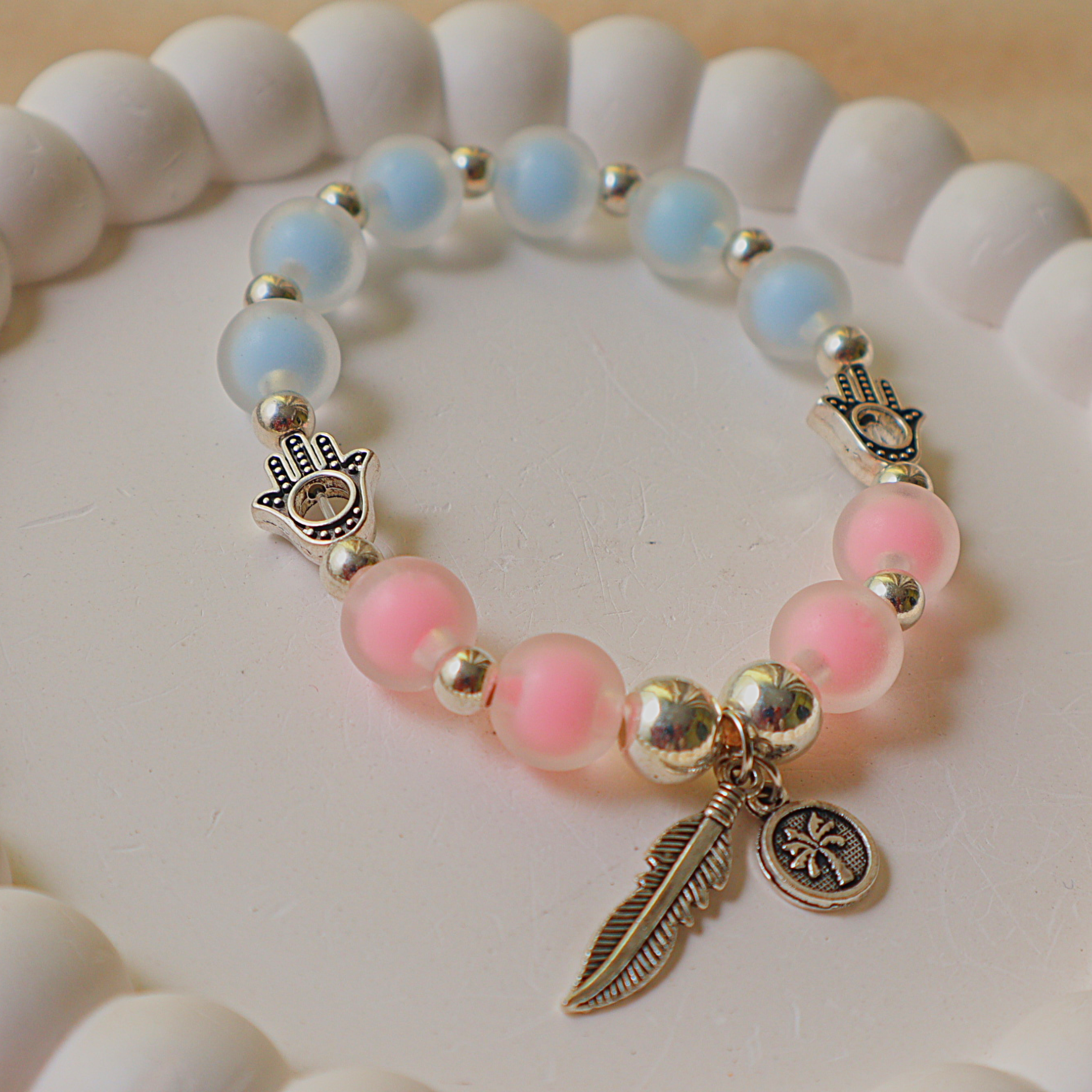 Handmade Pastel Harmony Hamsa Charm Bracelet | Frosted Pink & Blue Beaded Stretch Bracelet