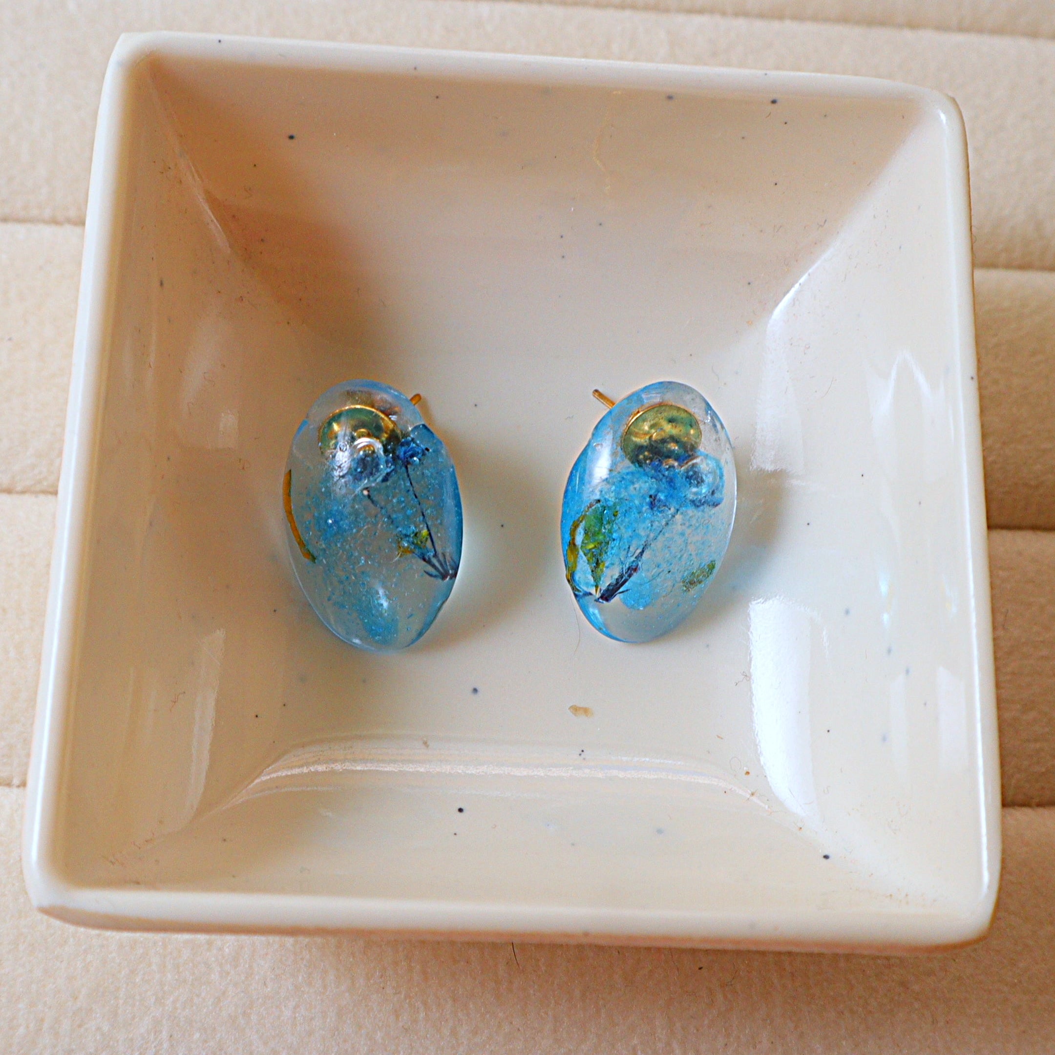 Ocean Blue Oval Resin Botanical Stud Earrings with Preserved Dried Flowers & Gold Foil Accents