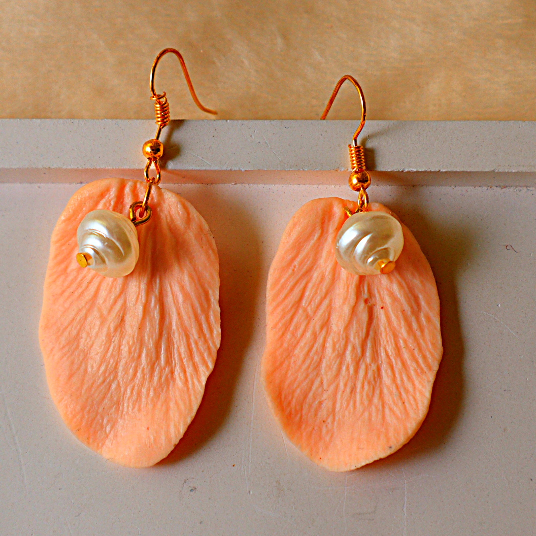 Handmade Peach Petal Dangle Earrings | Textured Floral Clay Drops with Pearl Accent