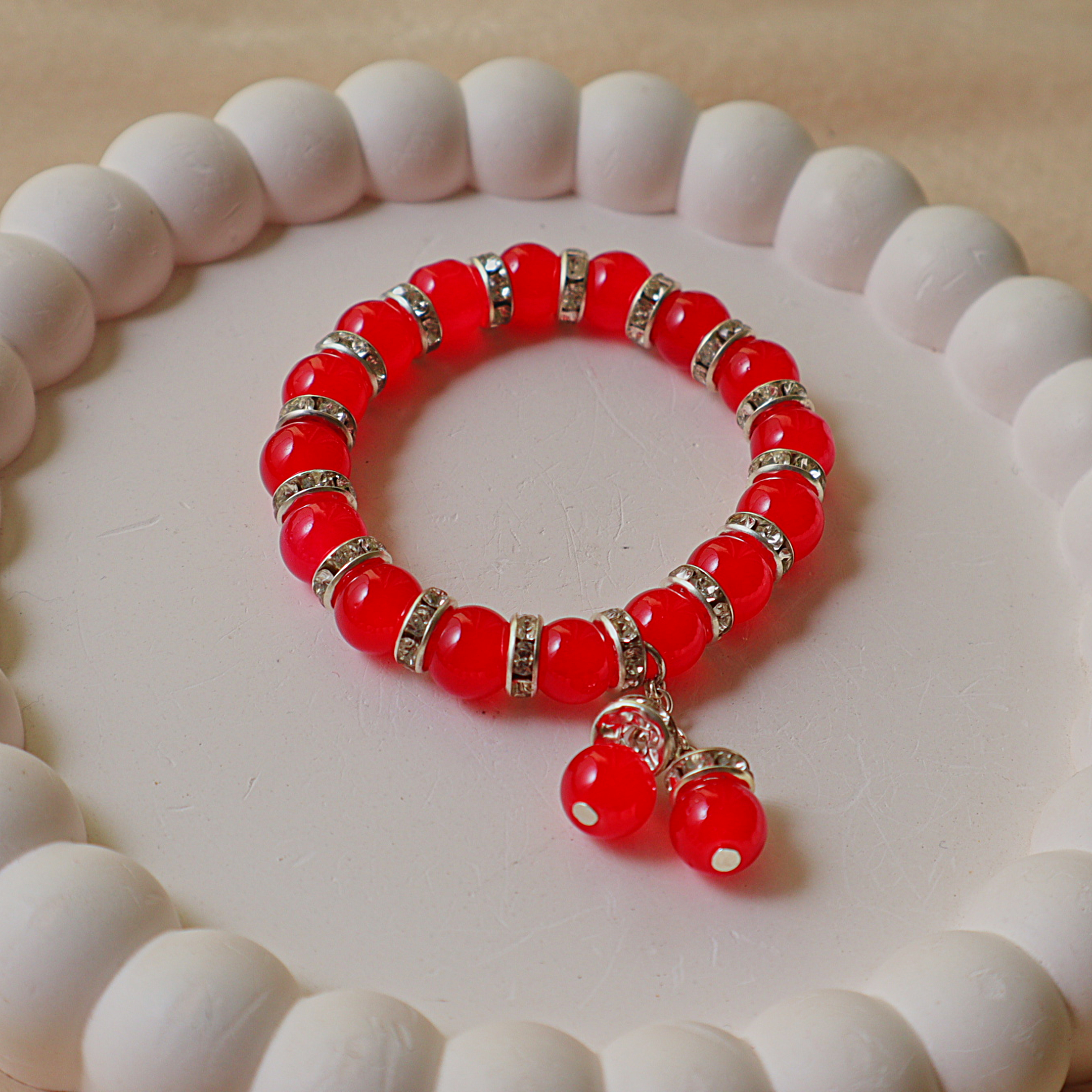 Handmade Crimson Red Charm Bracelet – Sparkly Rhinestone Rondelles & Dangle Beads