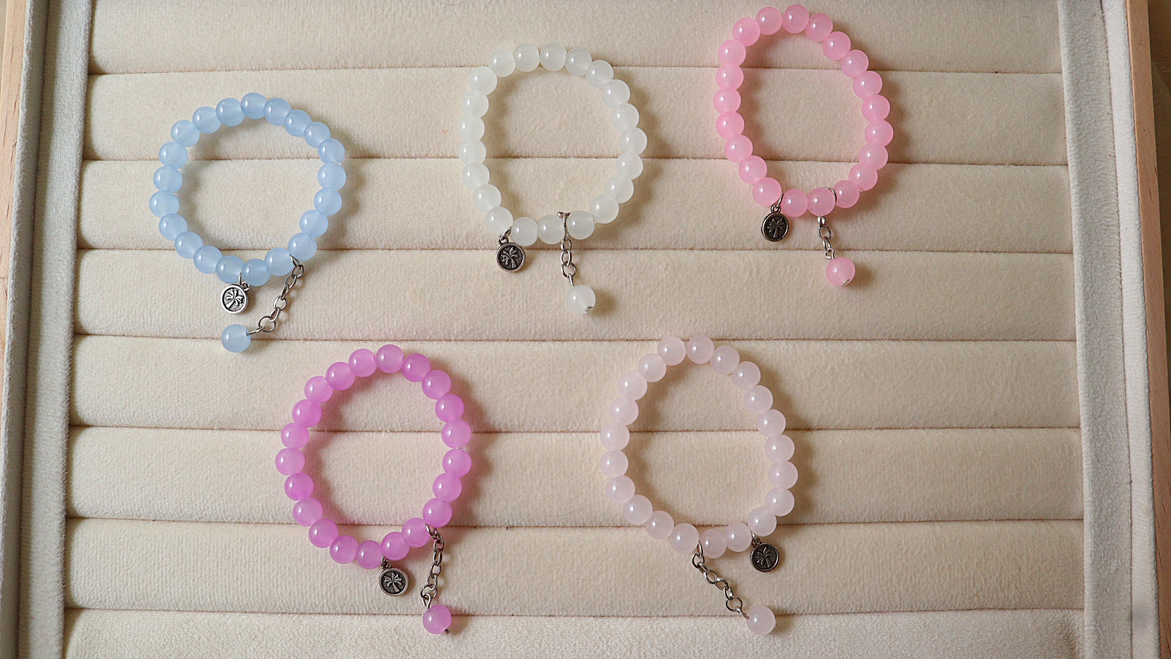 Translucent Pastel Glass Bead Stretch Bracelet with Palm Charm & Chain Drop(Pack of 5)