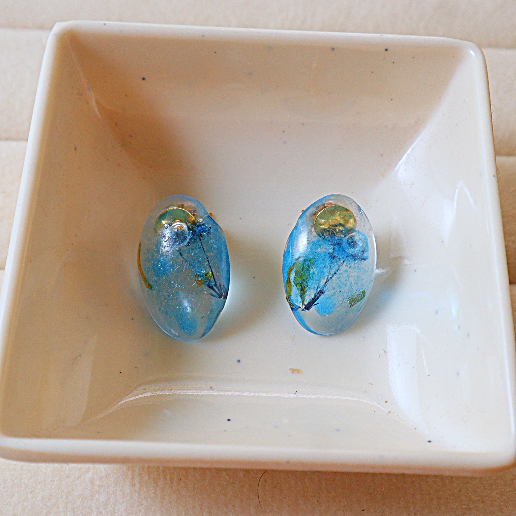Ocean Blue Oval Resin Botanical Stud Earrings with Preserved Dried Flowers & Gold Foil Accents