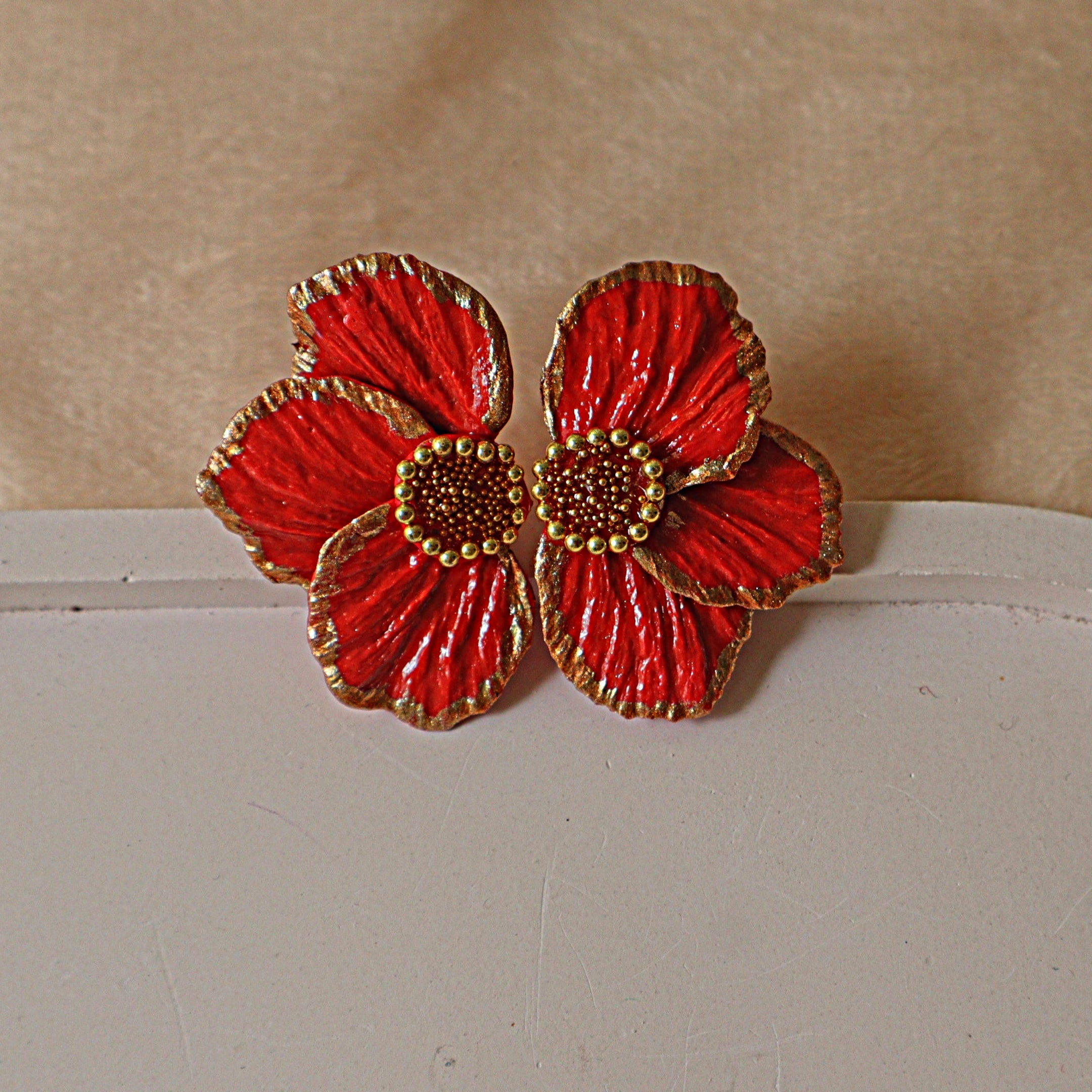 Handmade Crimson Red & Gold Floral Statement Stud Earrings | Textured Poppy Petal Clay Studs