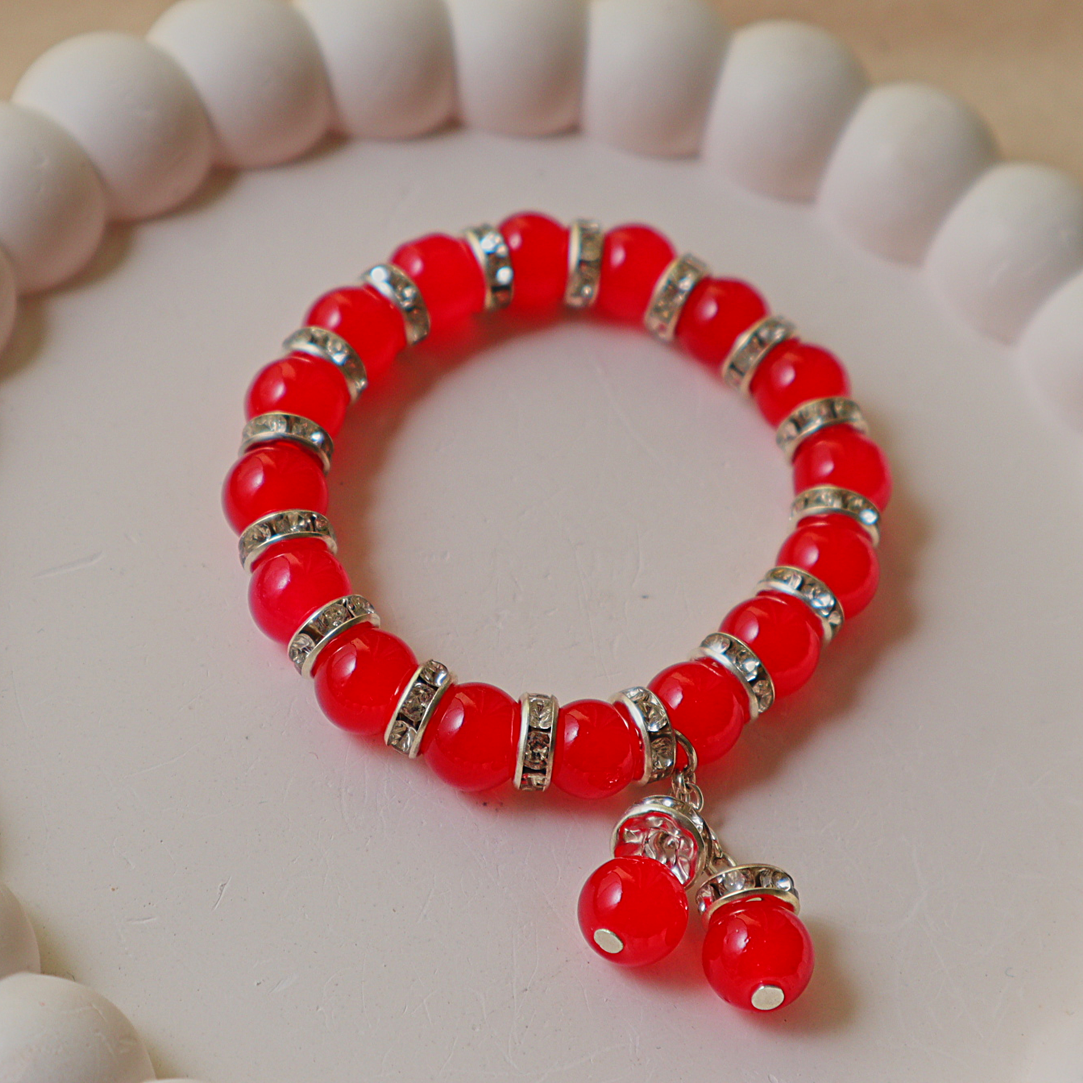Handmade Crimson Red Charm Bracelet – Sparkly Rhinestone Rondelles & Dangle Beads