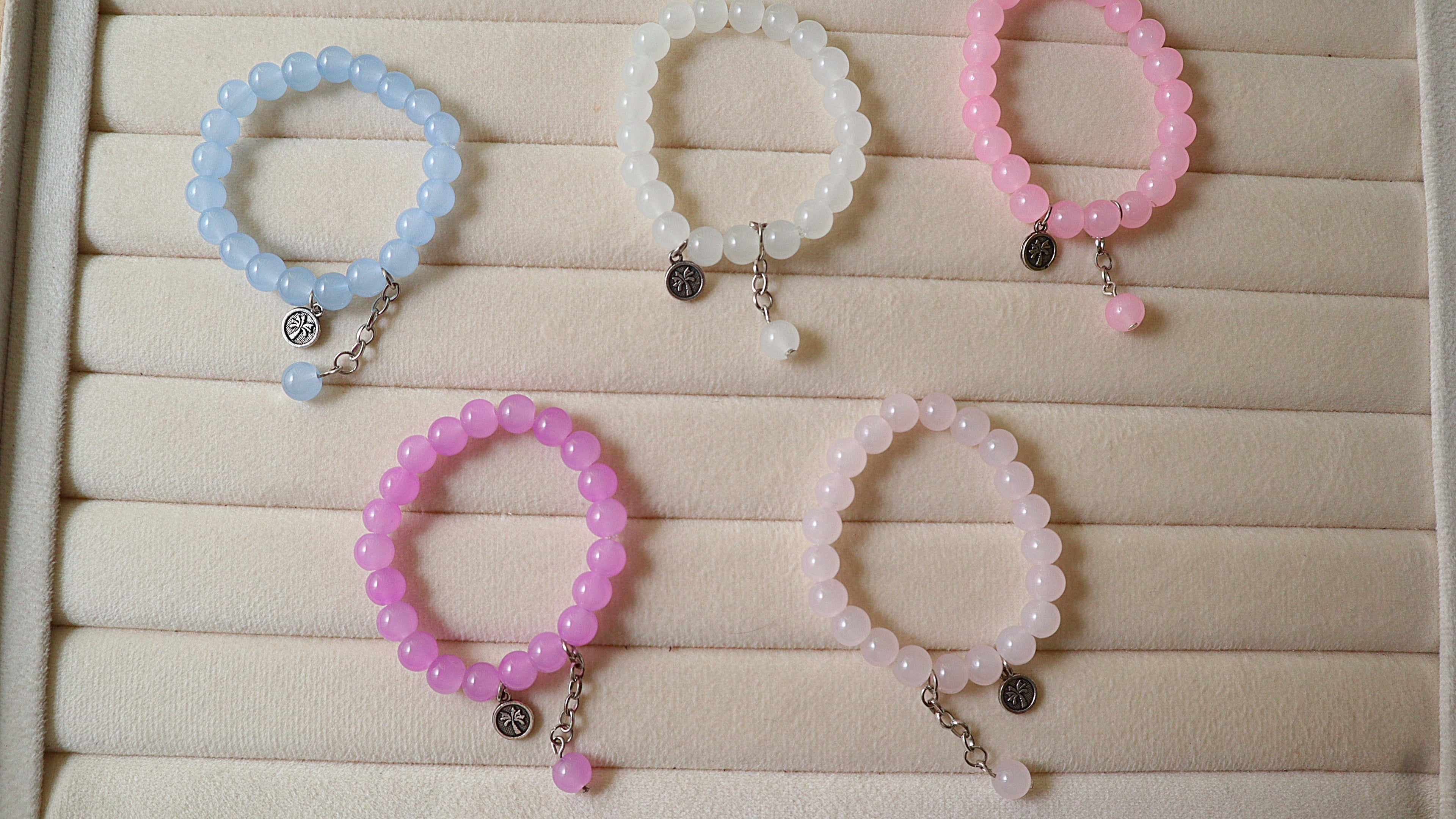 Translucent Pastel Glass Bead Stretch Bracelet with Palm Charm & Chain Drop(Pack of 5)
