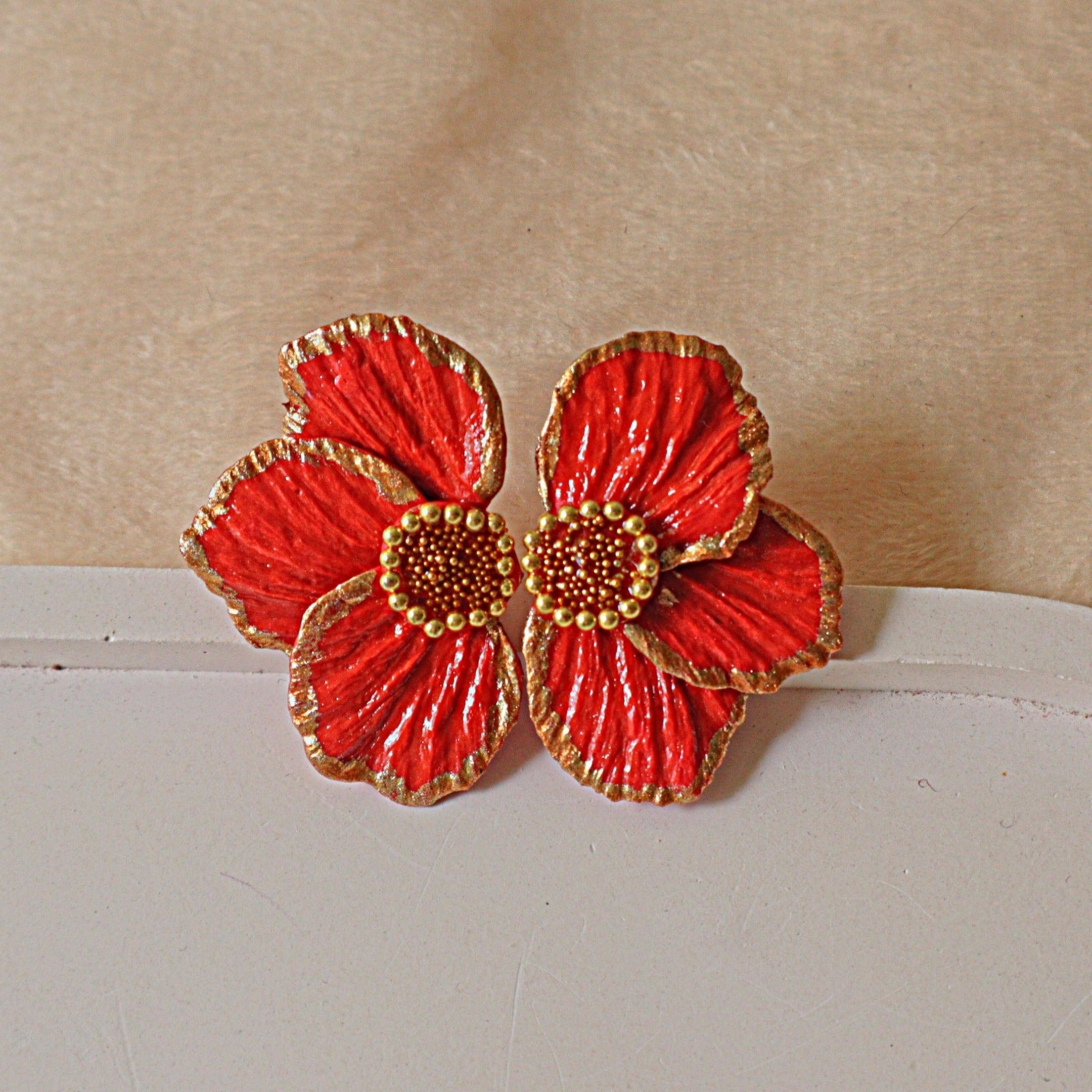 Handmade Crimson Red & Gold Floral Statement Stud Earrings | Textured Poppy Petal Clay Studs