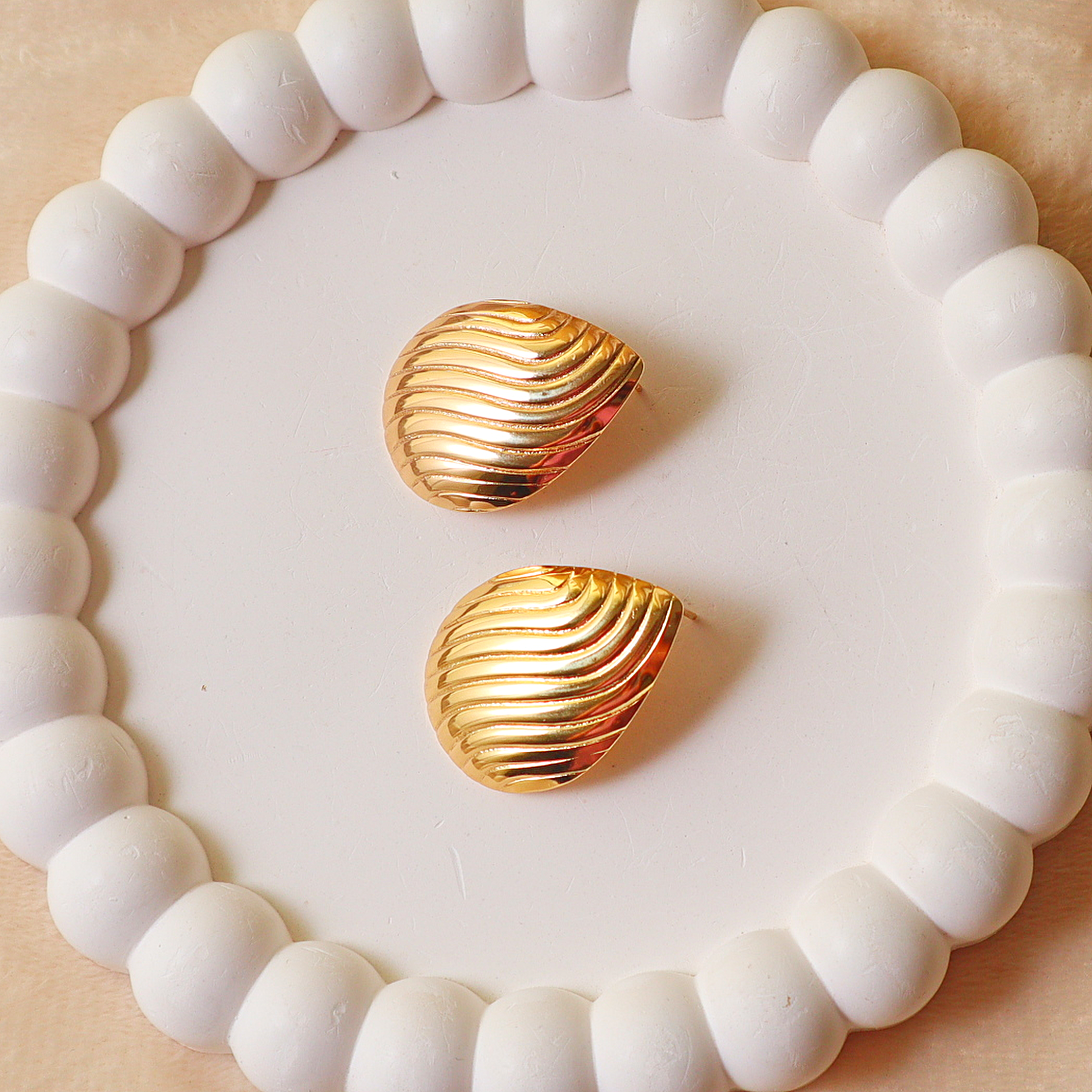 Anti-Tarnish Stainless Steel Gold Stud Earrings – Bold Ribbed Wave Dome Earrings for Women