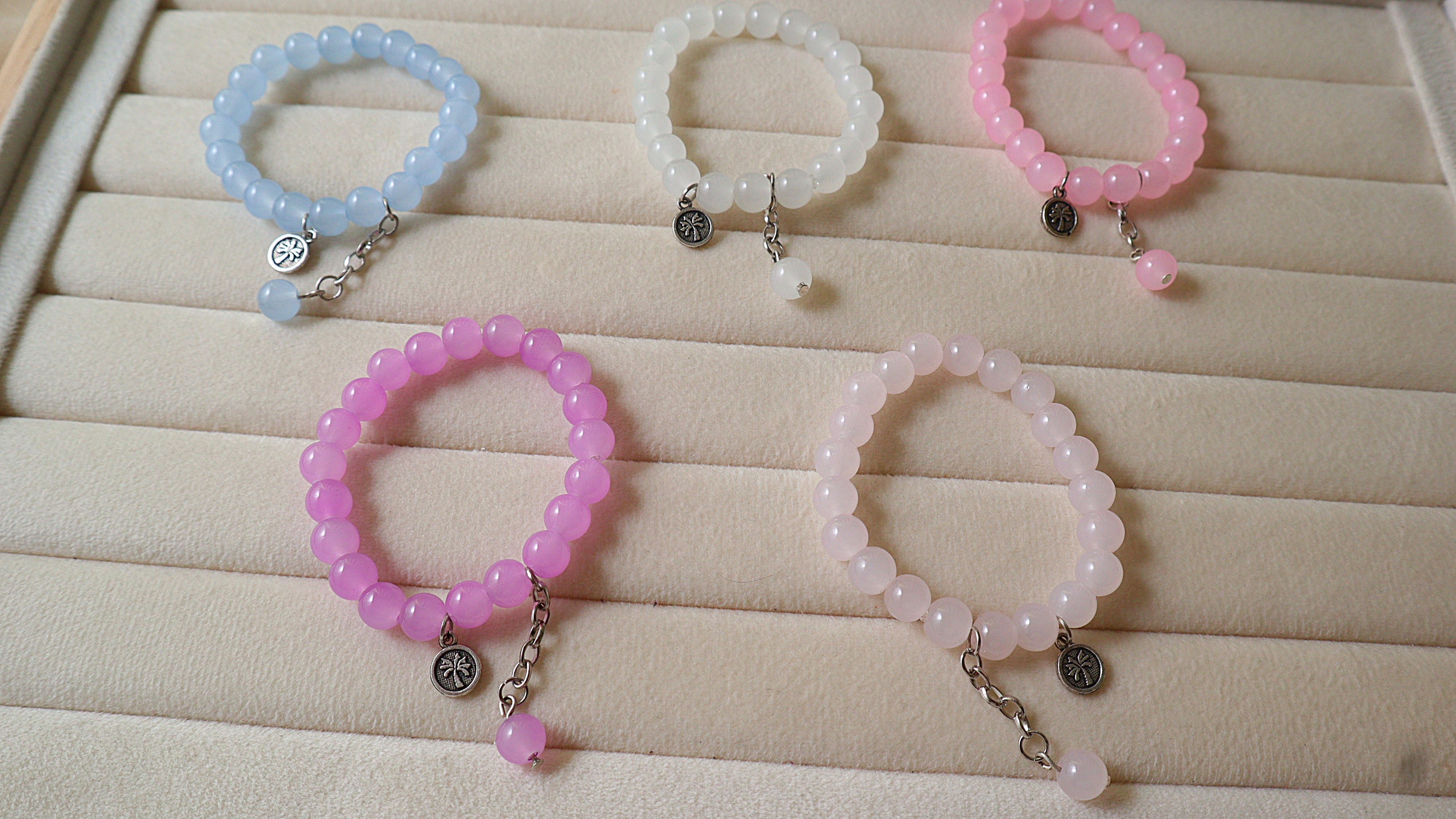 Translucent Pastel Glass Bead Stretch Bracelet with Palm Charm & Chain Drop(Pack of 5)