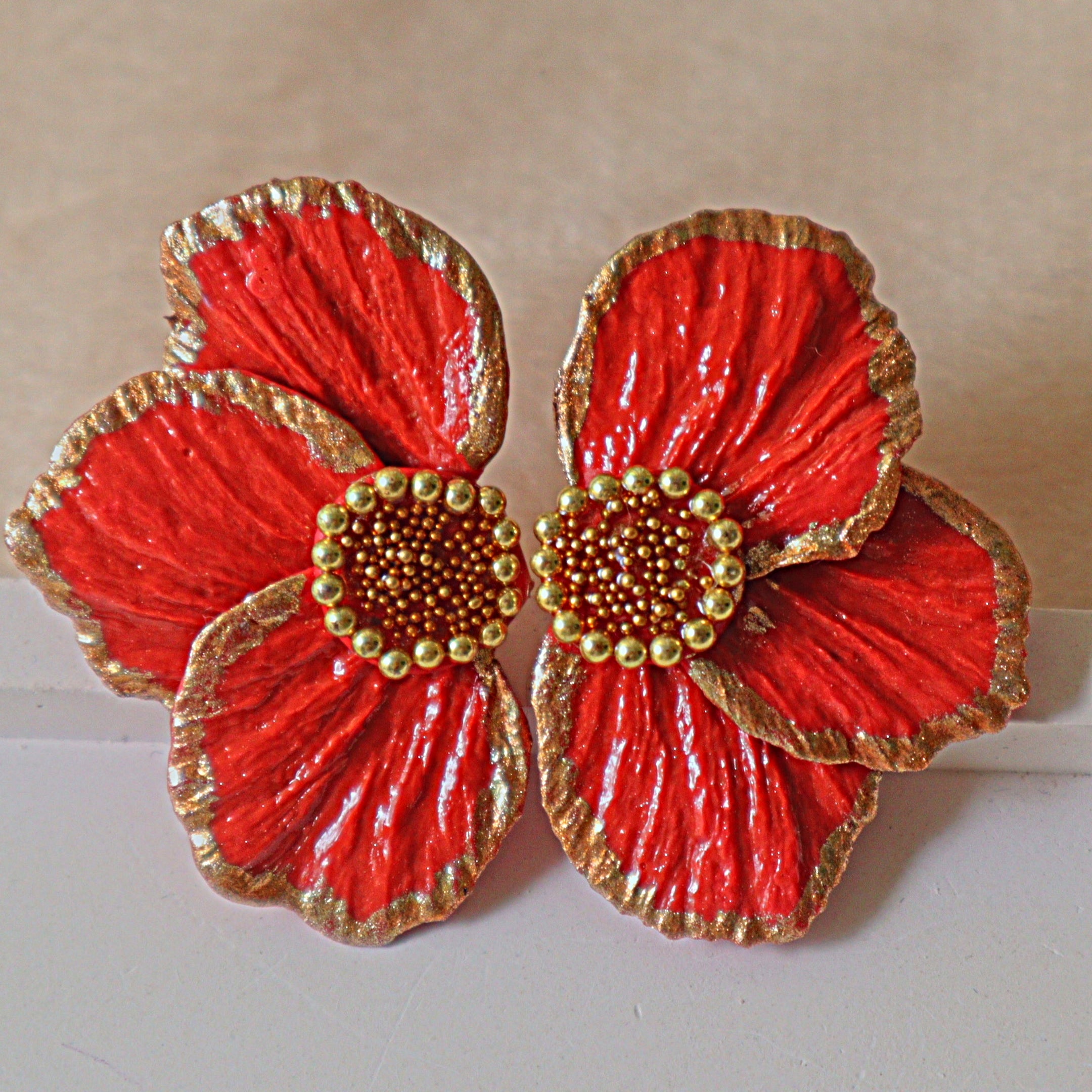 Handmade Crimson Red & Gold Floral Statement Stud Earrings | Textured Poppy Petal Clay Studs