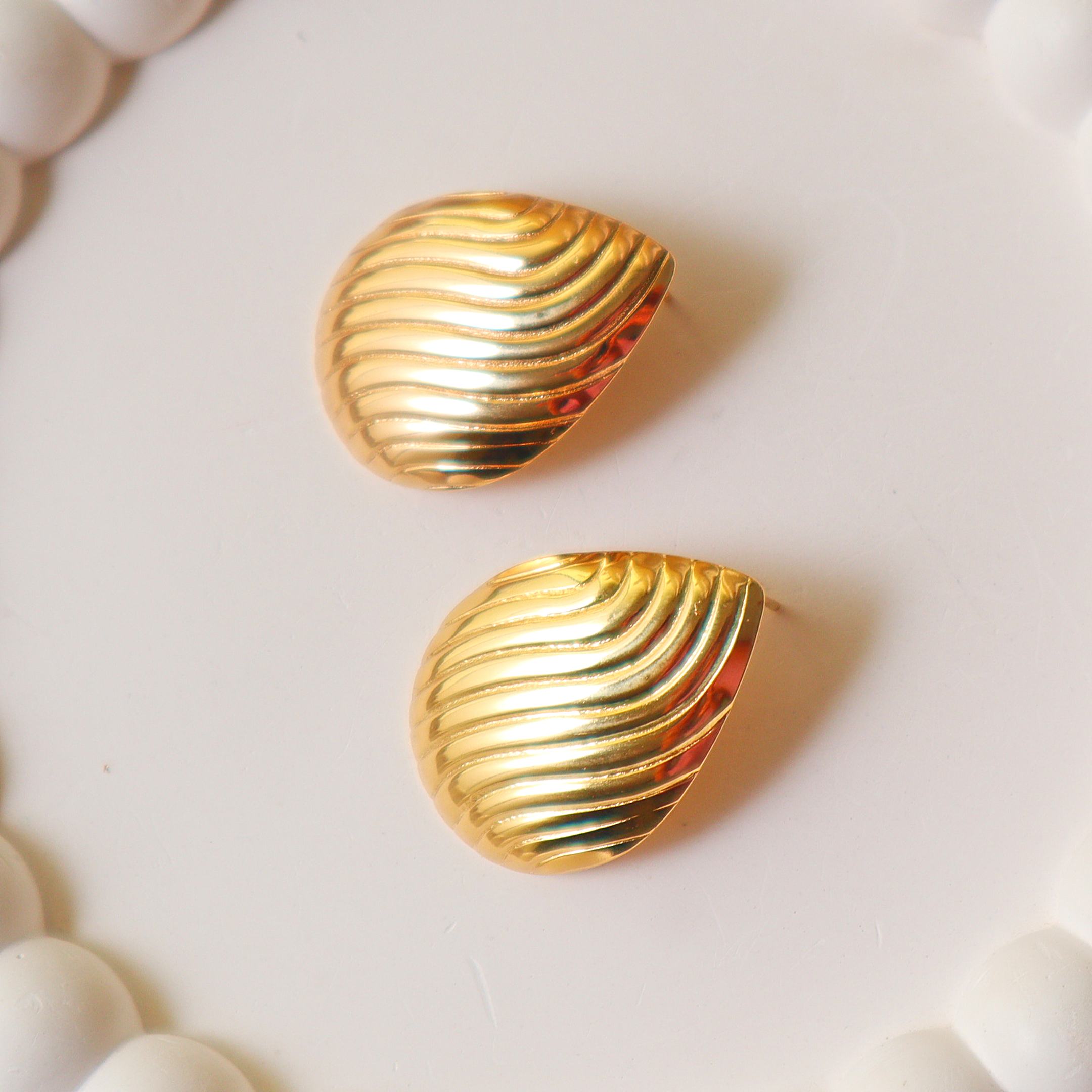Anti-Tarnish Stainless Steel Gold Stud Earrings – Bold Ribbed Wave Dome Earrings for Women