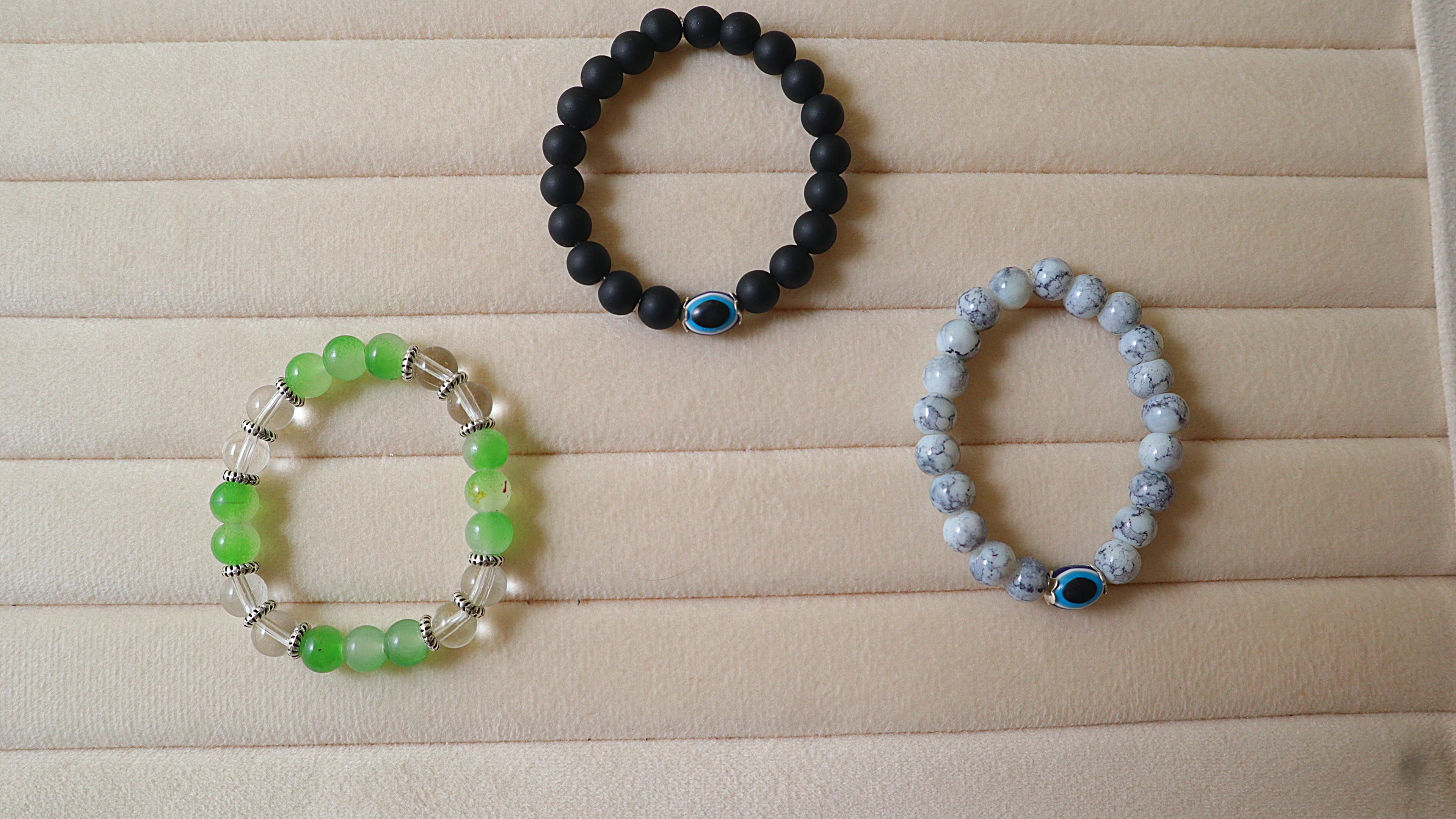 Handmade 3-Piece Bead Bracelet Set | Matte Black Evil Eye, White Howlite & Green Quartz Style