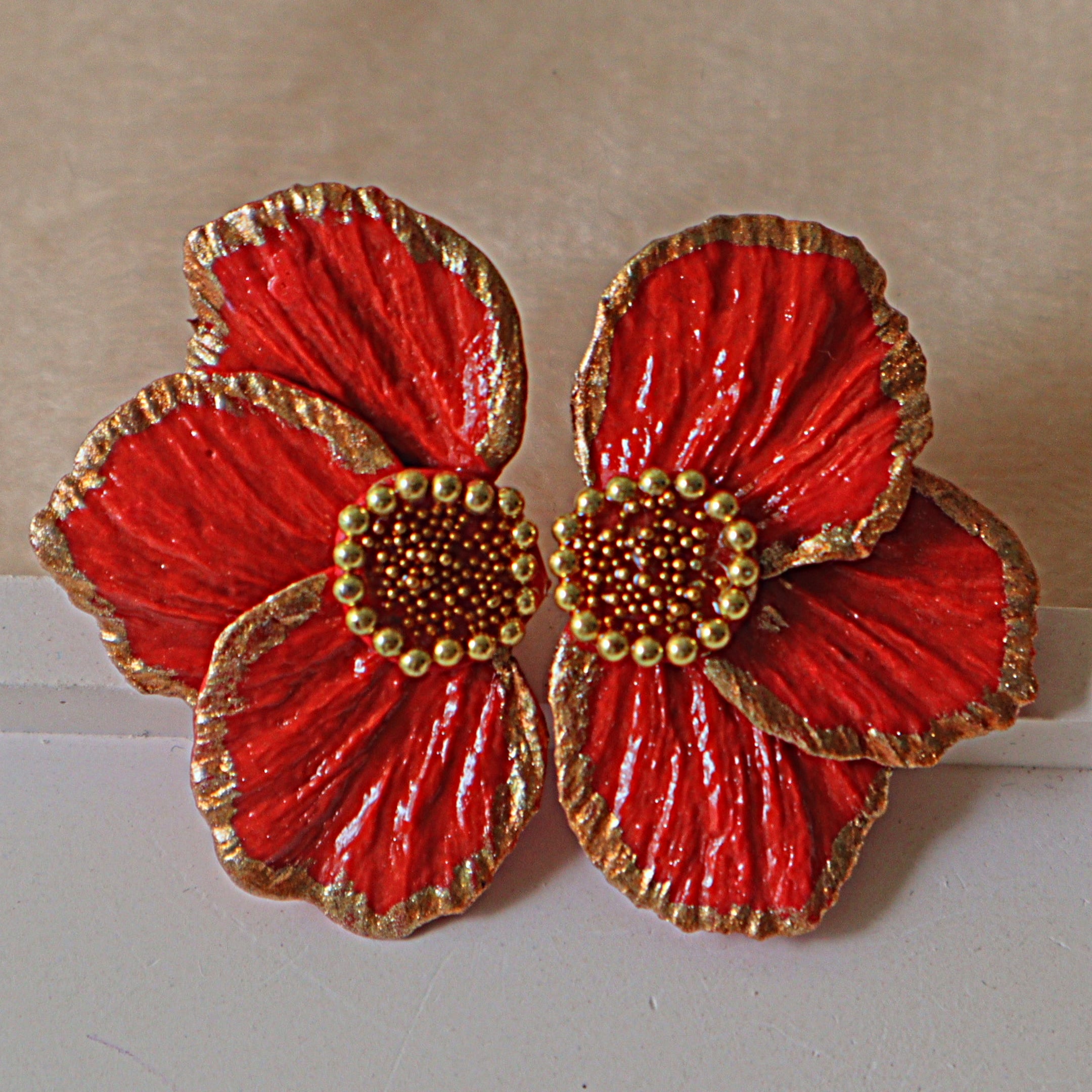 Handmade Crimson Red & Gold Floral Statement Stud Earrings | Textured Poppy Petal Clay Studs