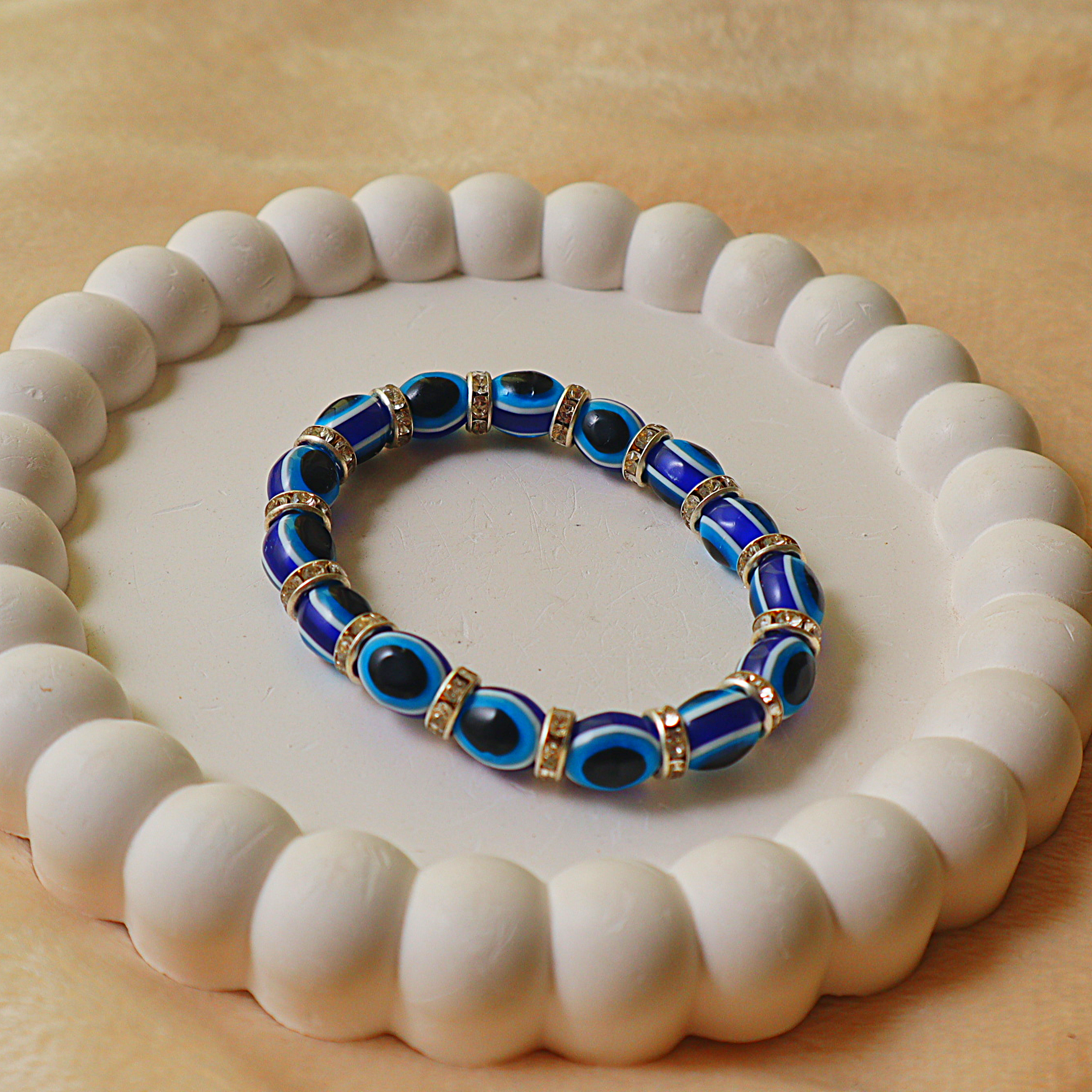Protection Evil Eye Beaded Bracelet – Deep Blue Glass Beads with Sparkly Rhinestone Spacers
