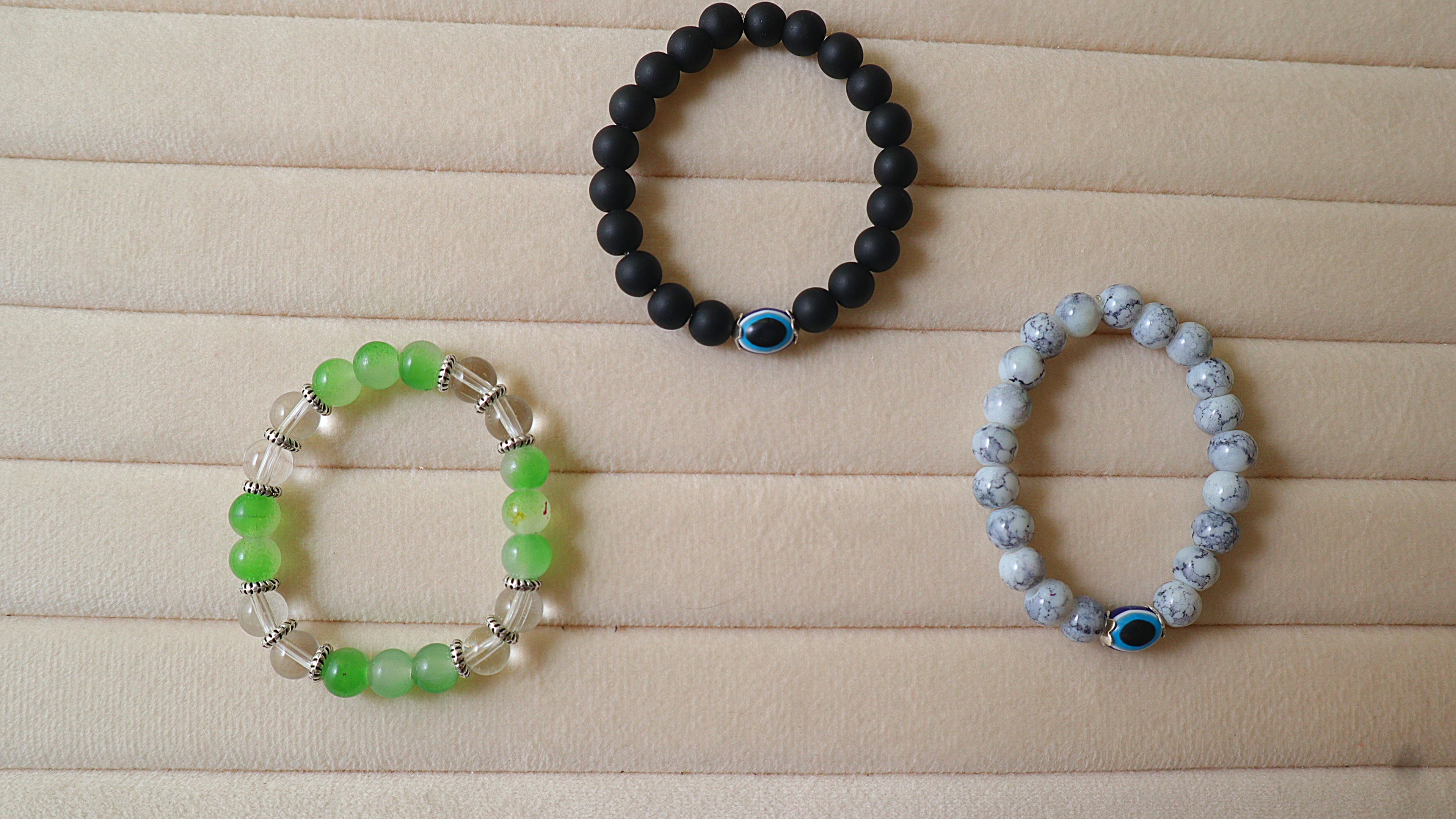Handmade 3-Piece Bead Bracelet Set | Matte Black Evil Eye, White Howlite & Green Quartz Style